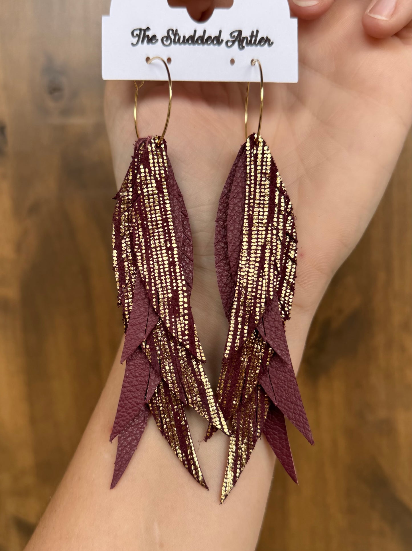 Burgundy and Gold Handmade Hypoallergenic Leather Earrings