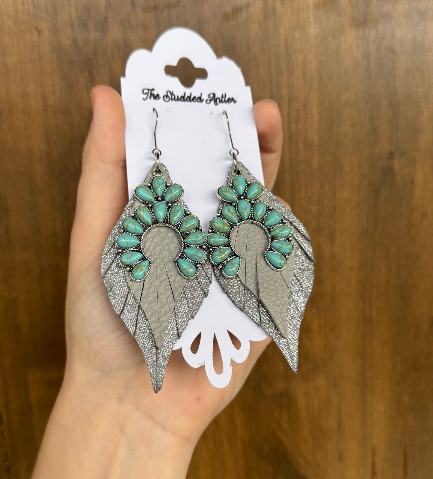 Gray Handmade Hypoallergenic Leather Earrings with Faux Turquoise Charm