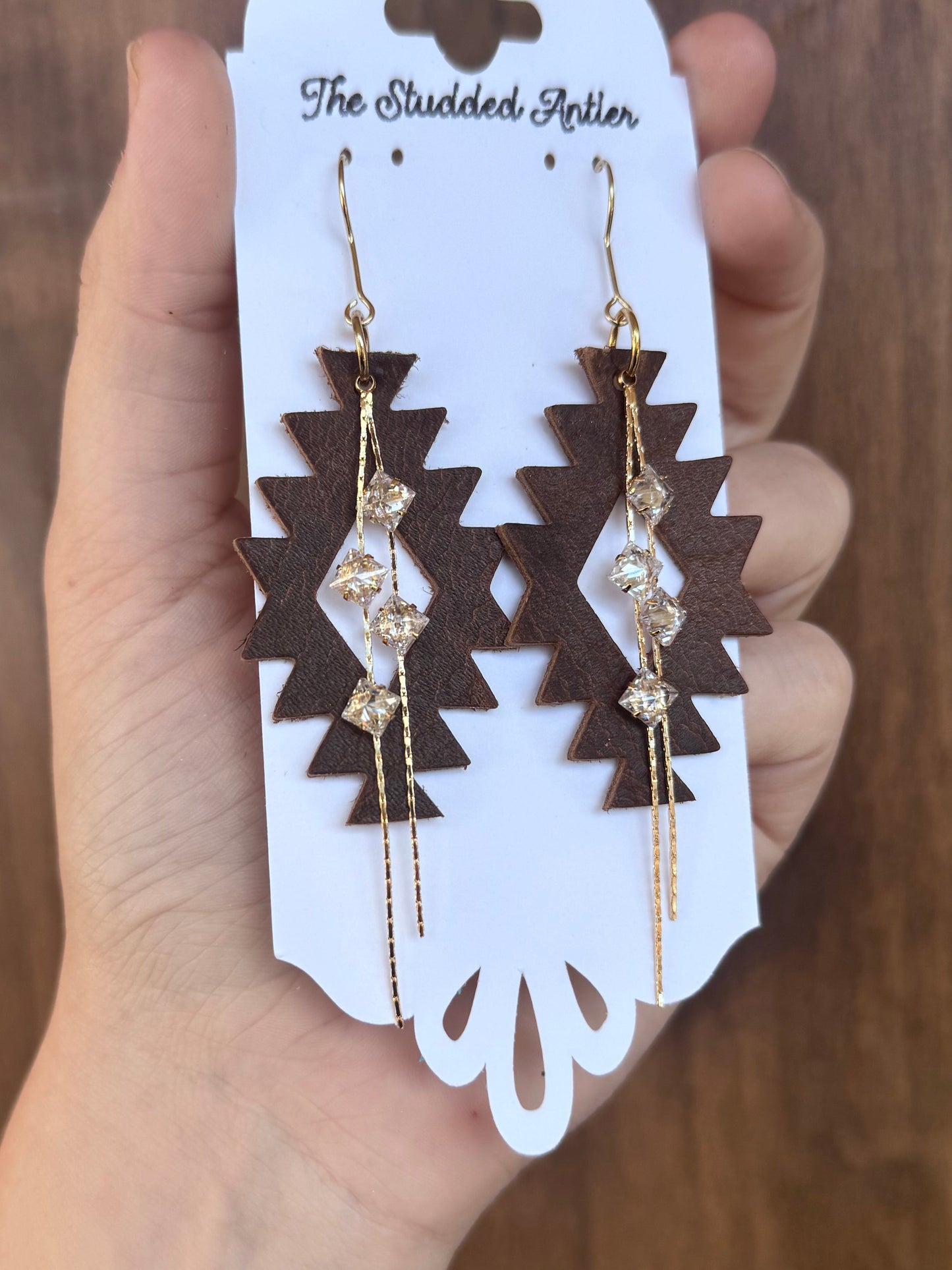Handmade Hypoallergenic Brown Leather Earrings with Gold Plated Rhinestone Tassels