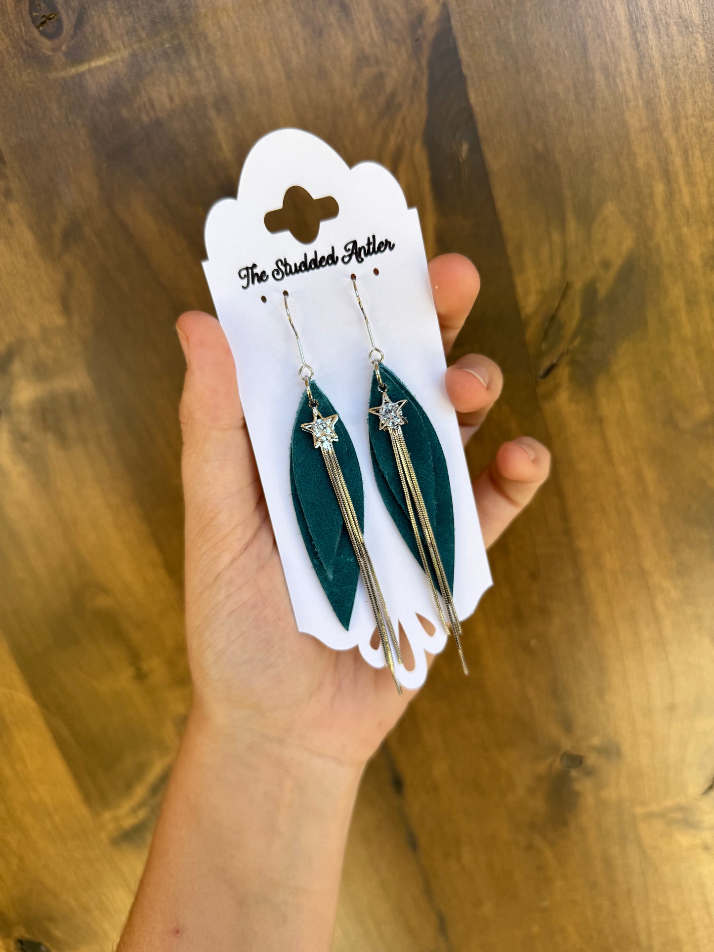 Dark Blue Teal and Silver Star Handmade Hypoallergenic Leather Earrings