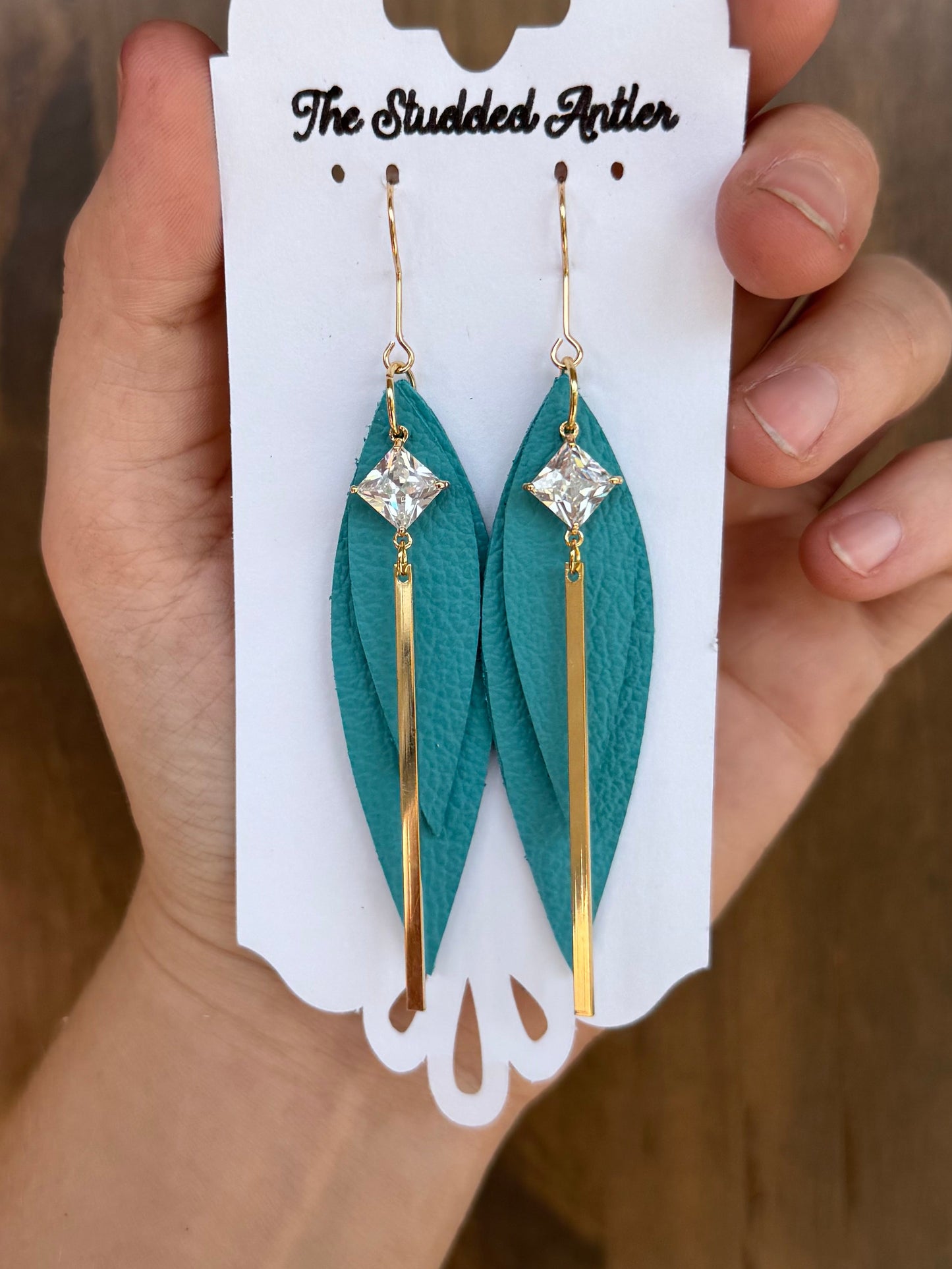 Handmade Hypoallergenic Ocean Blue Leather Earrings with Gold Plated CZ Gold Bar Charms