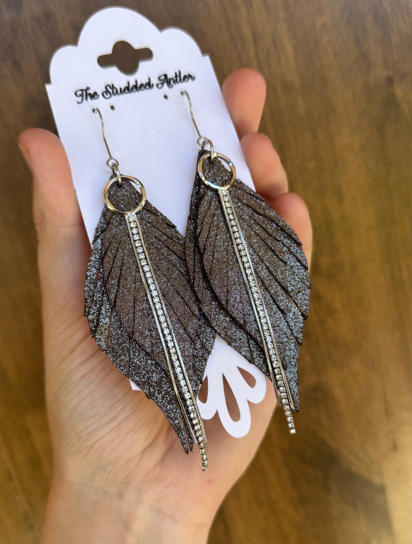 Fringe feather leather earrings - Western Leather Earrings for women - Brown and silver sparkle earrings