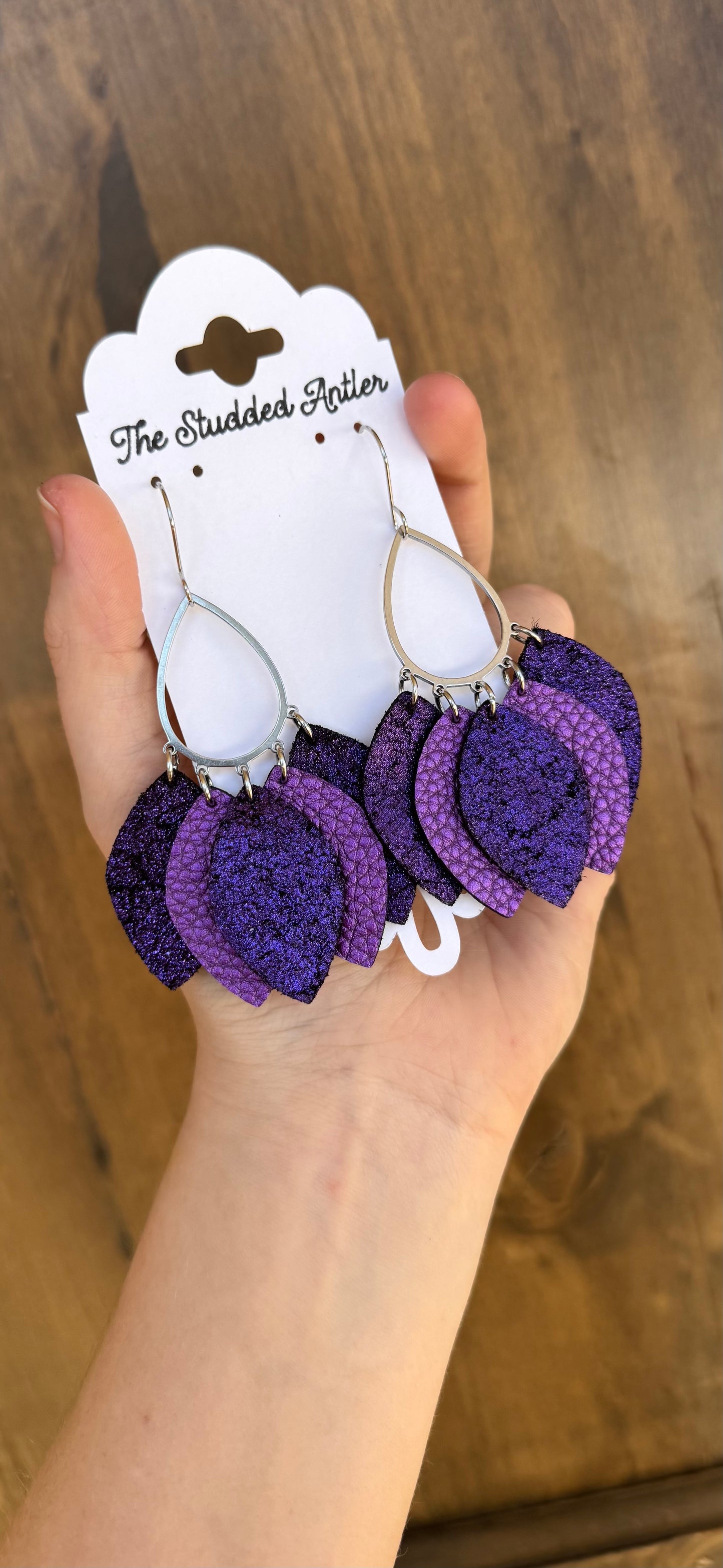 Teardrop Hoop Genuine Leather Earrings - Purple Metallic Sparkle