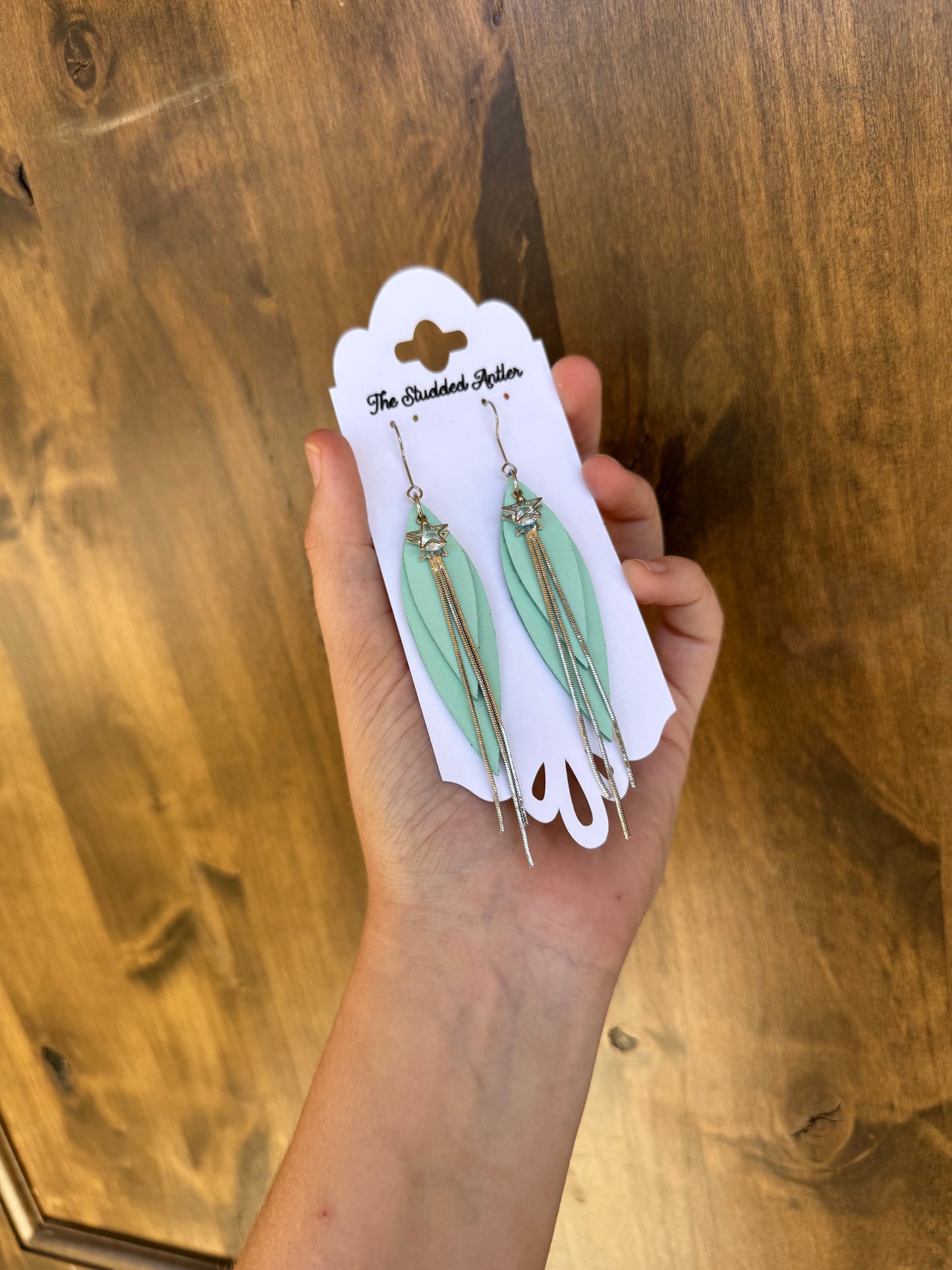 Mint Blue and Silver Star Handmade Hypoallergenic Leather Earrings