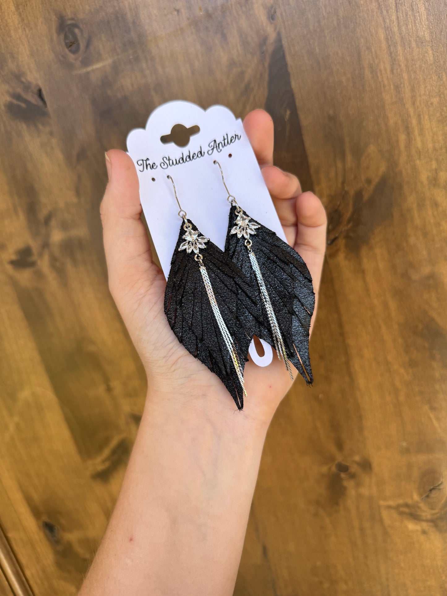 Western NFR Leather Earrings - Fringe feather leather earrings - Silver and black with Rhinestones