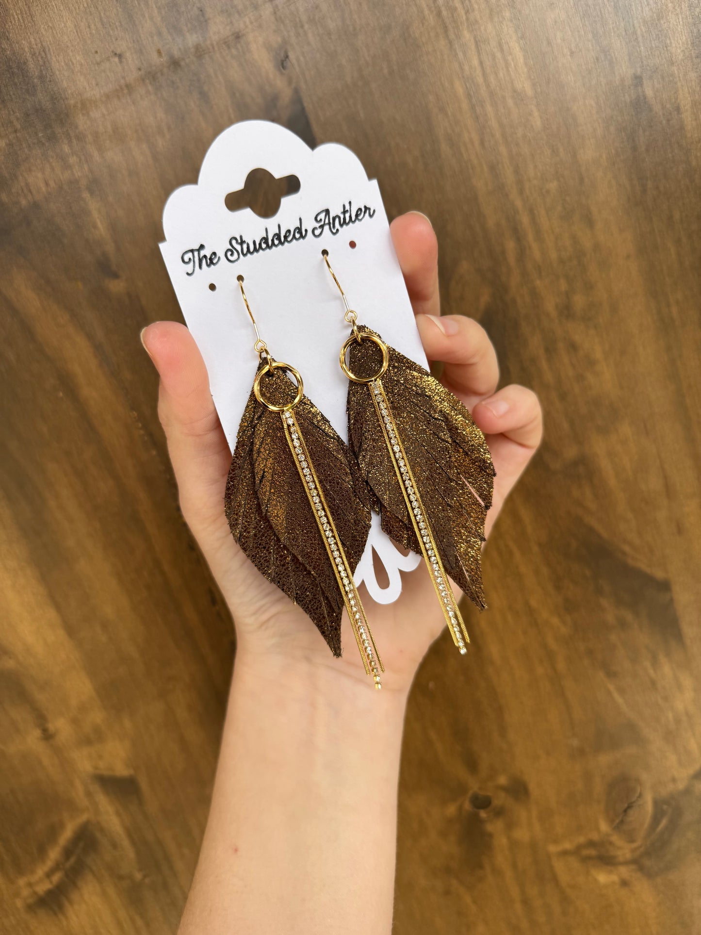 Brown Shimmer Handmade Hypoallergenic Leather feather Earrings with Gold Rhinestone Tassel