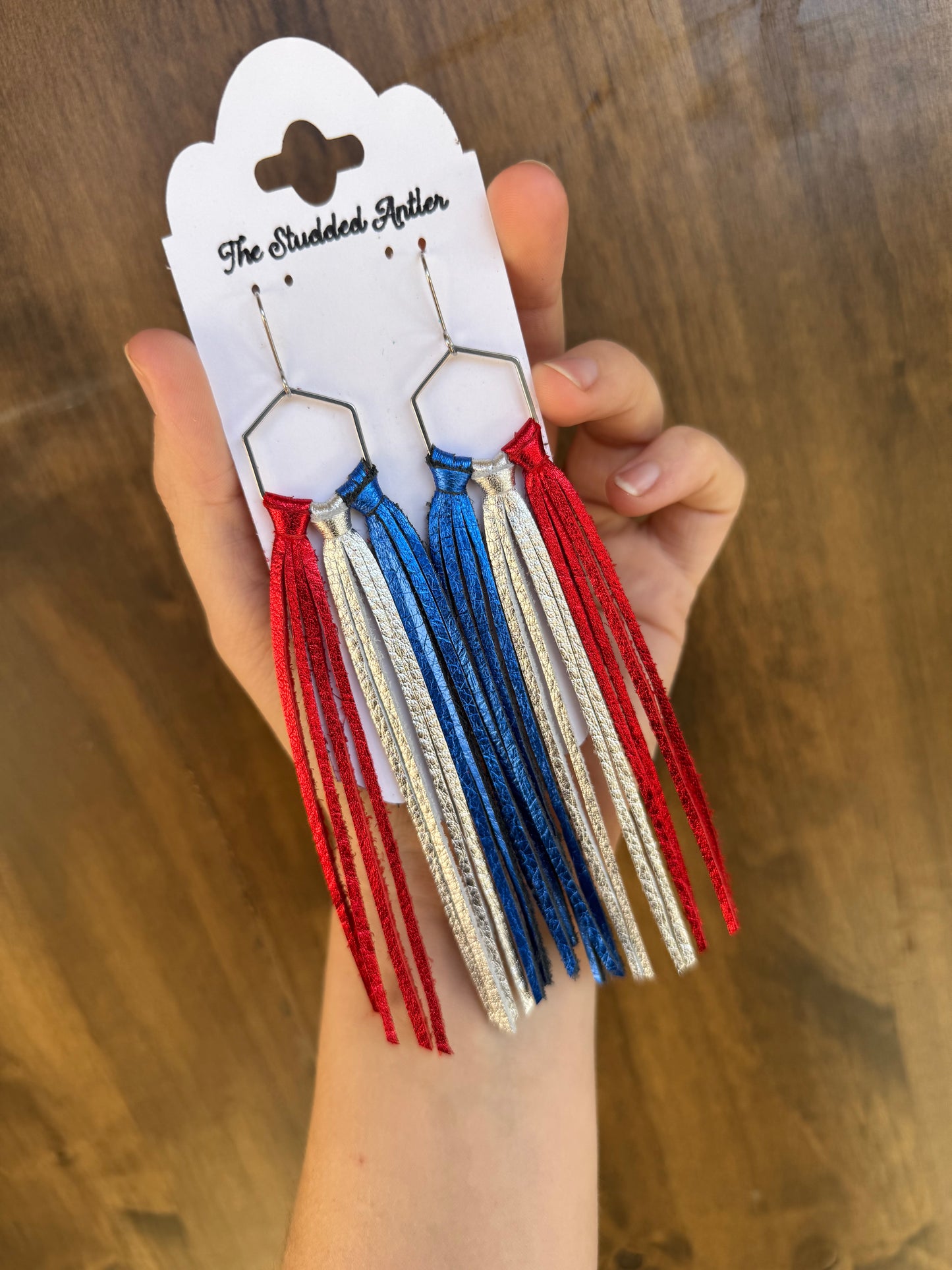 Western style fringe leather hoop earrings - Patriotic Leather Earrings - Red, Silver and Blue