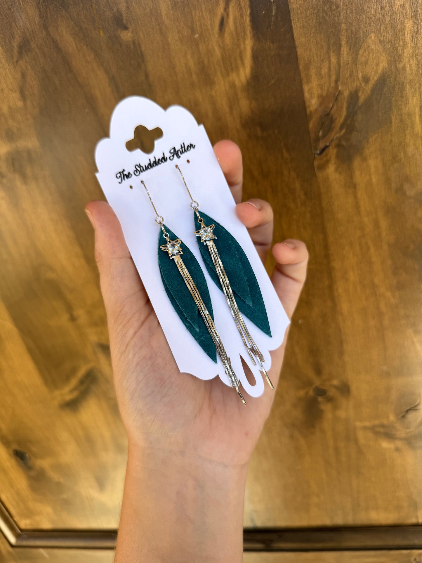 Dark Blue Teal and Silver Star Handmade Hypoallergenic Leather Earrings