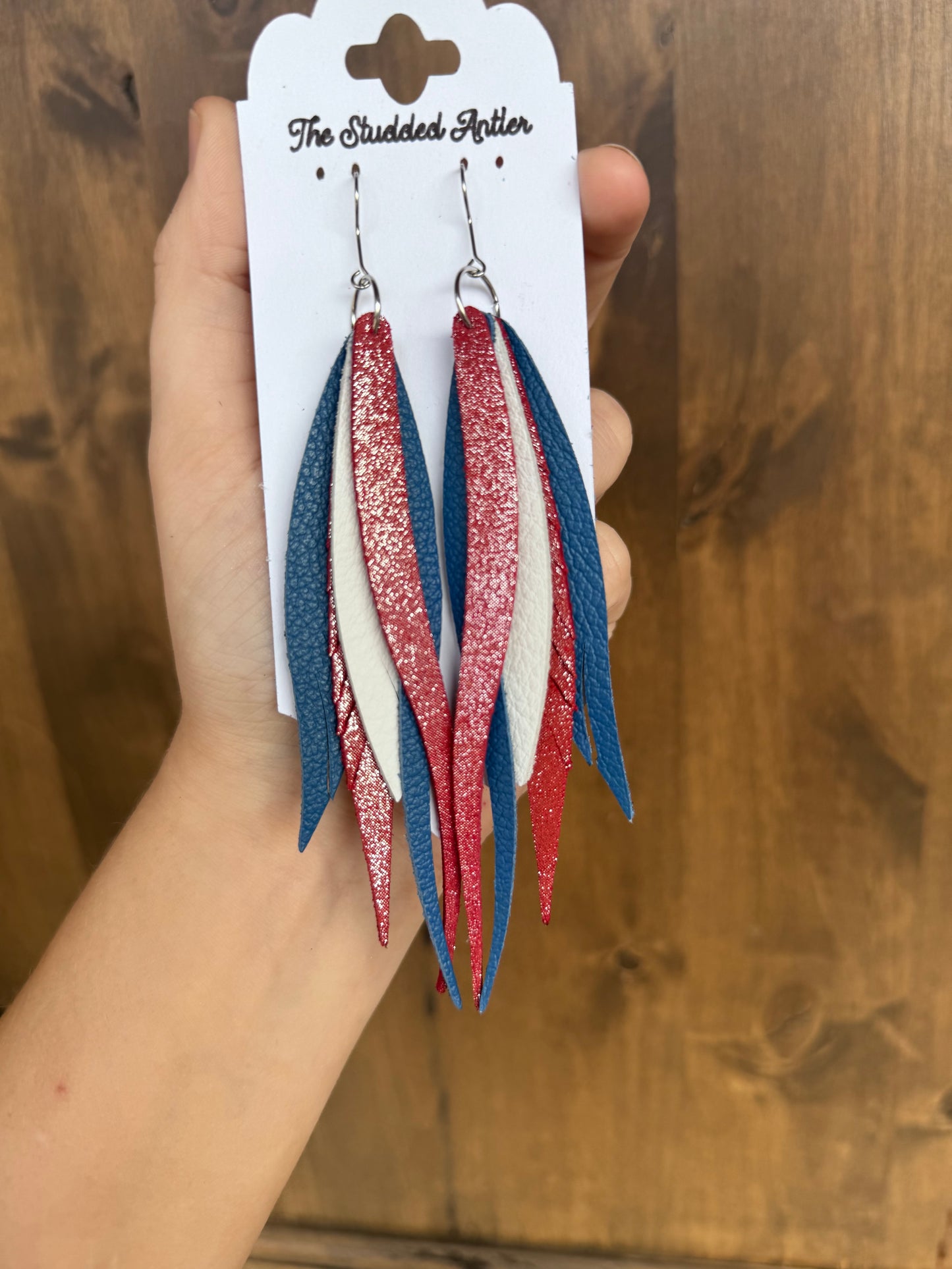 Red, White, and Blue Shimmer Handmade Hypoallergenic Leather Earrings