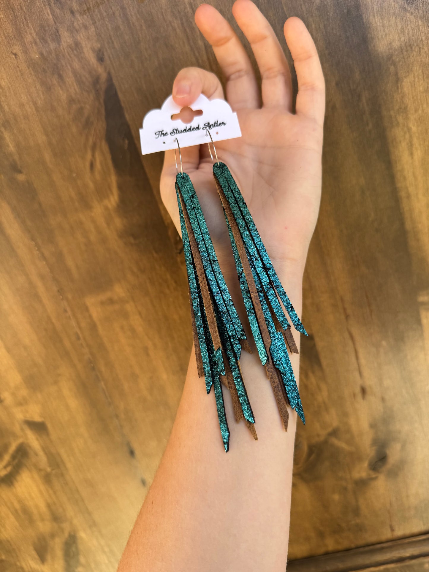 Fringe feather Leather Earrings - Western Boho Style Leather Earrings - Light brown and Blue sparkle