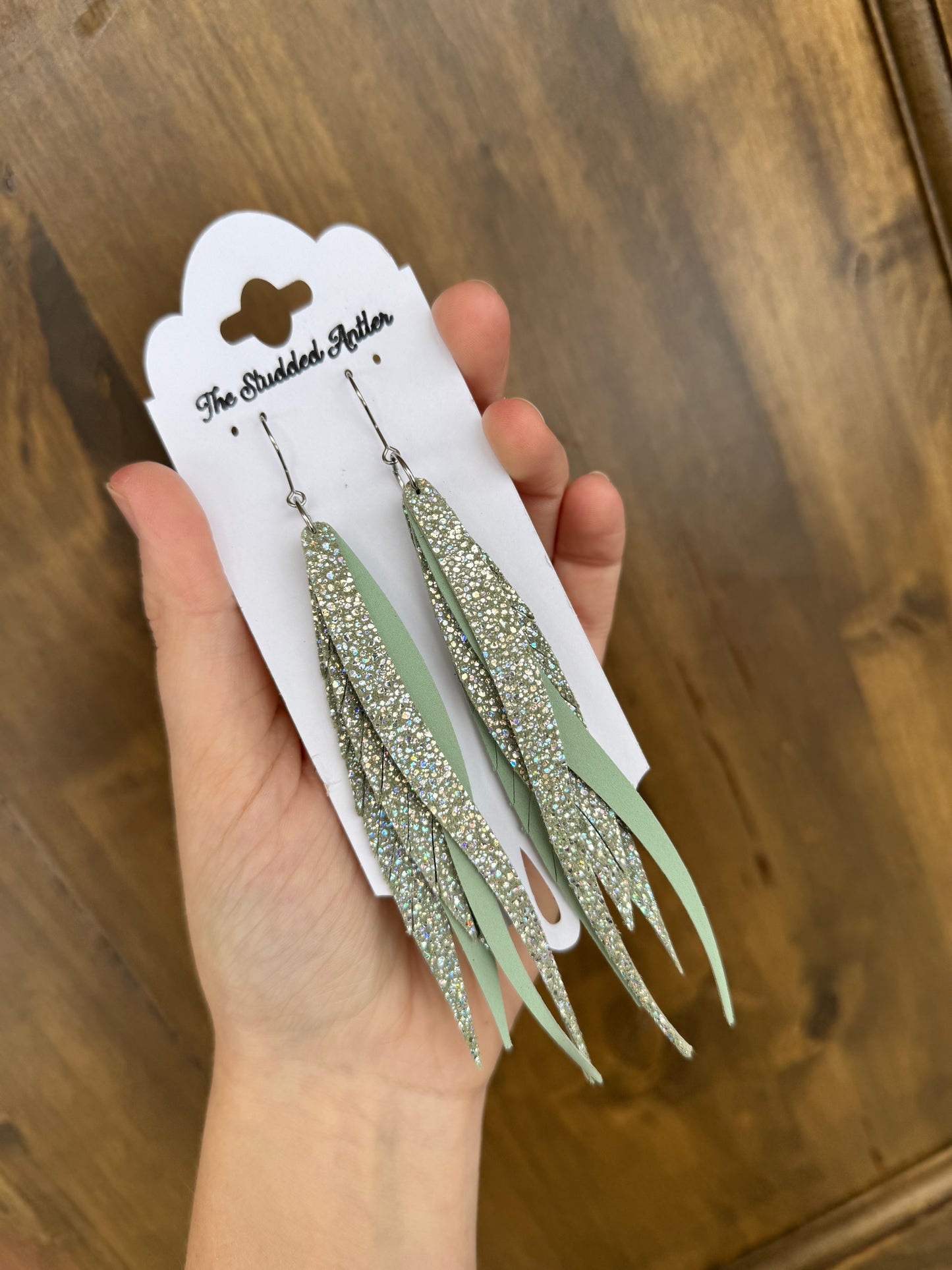 Western Style Leather Earrings - Fringe Feather Leather Earrings - Seafoam Green Blue