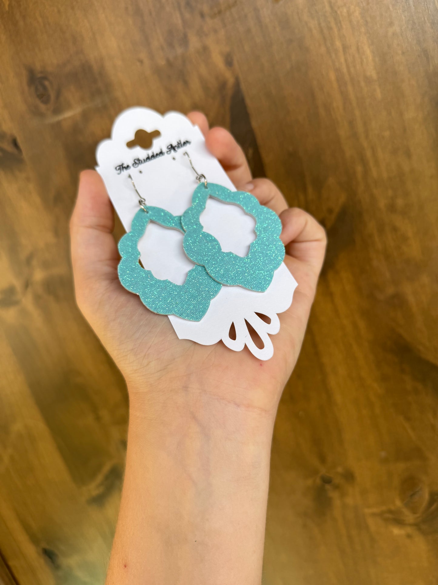 Aqua Blue Glitter leather earrings - Handmade Hypoallergenic Leather Earrings - Scalloped Dangle Earrings