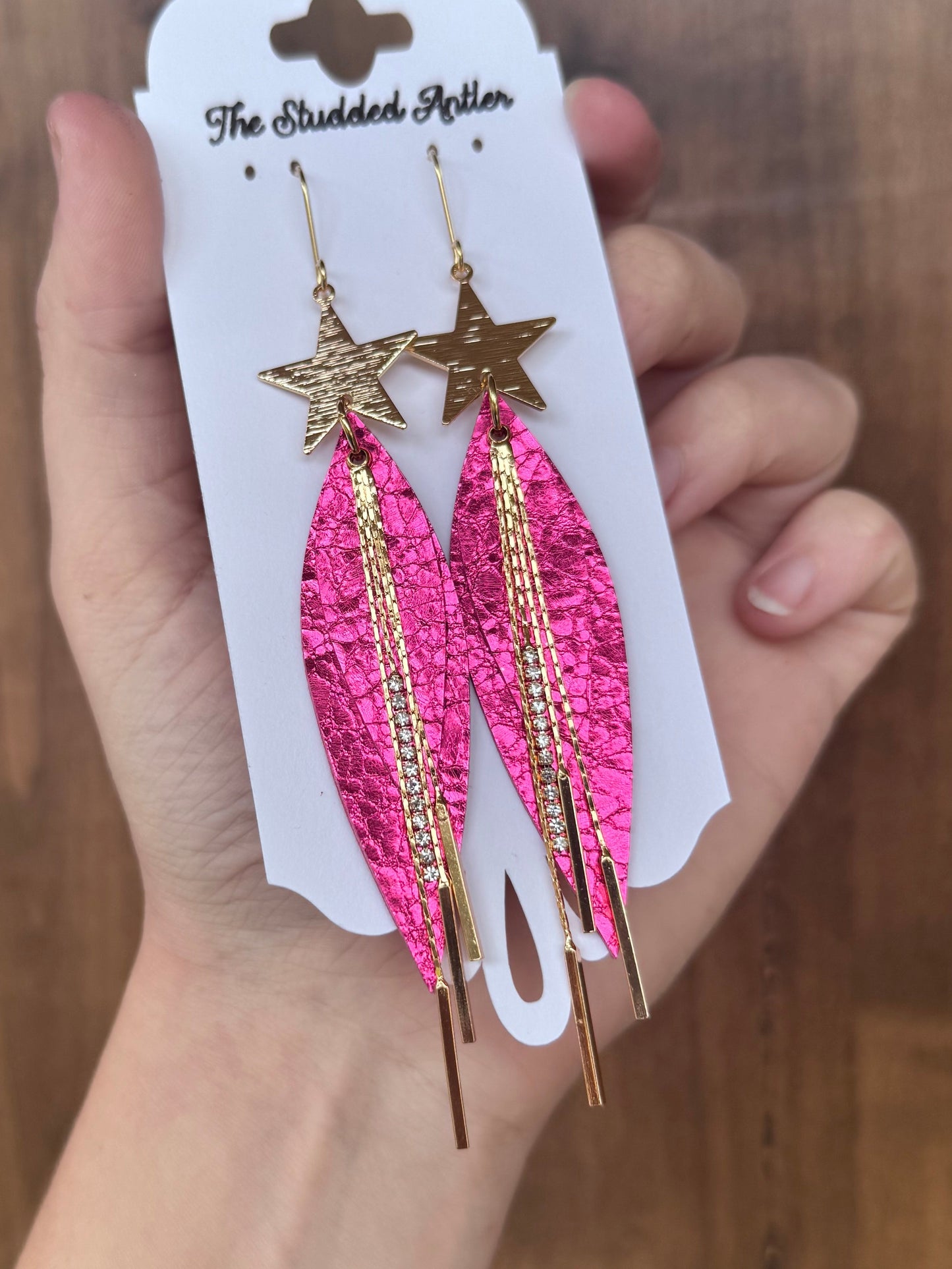 Handmade Hypoallergenic Hot Pink Metallic Leather Earrings with Gold Plated Brushed Brass Stars and Rhinestone Metal Tassels