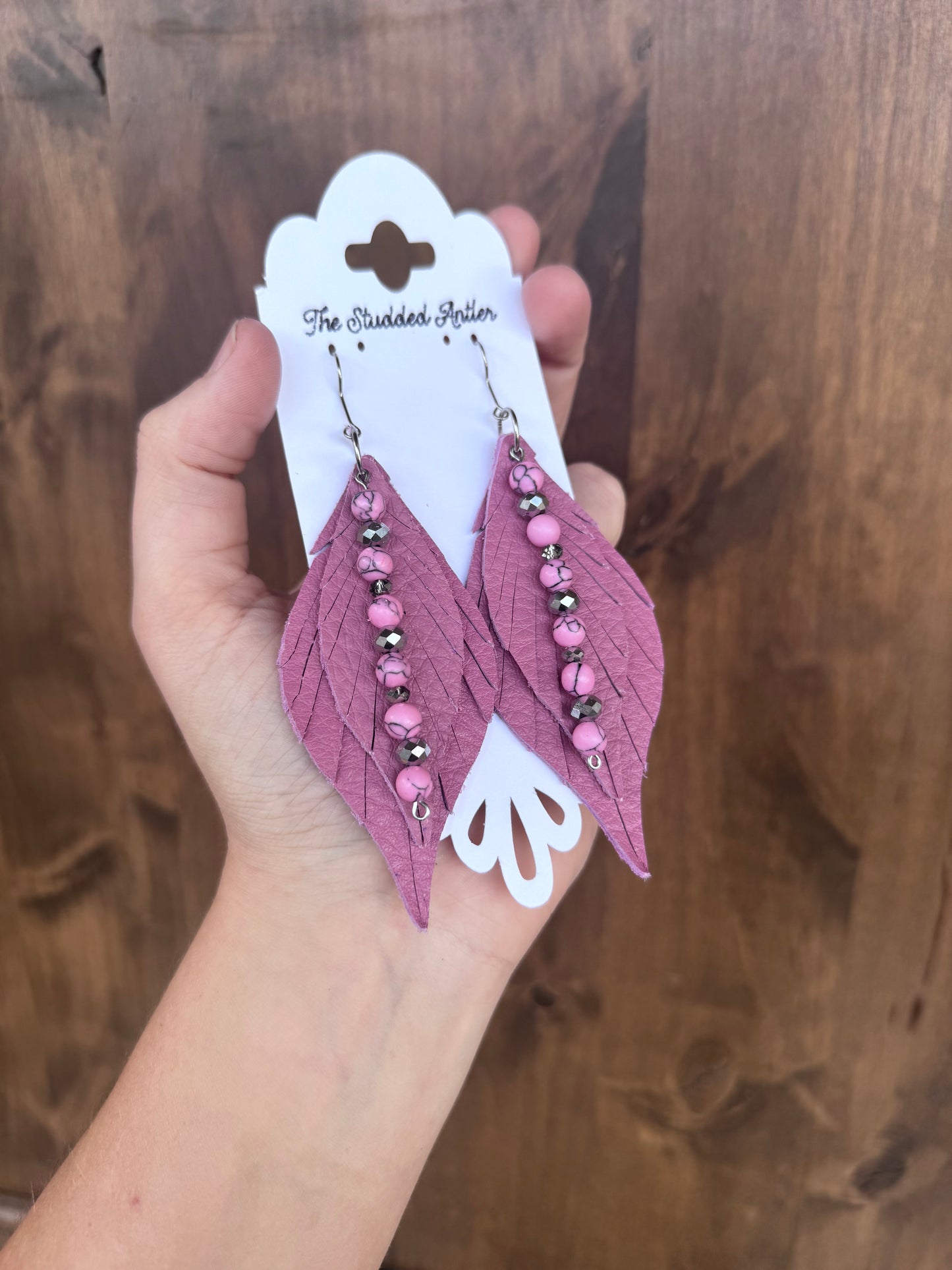 Mauve Pink Handmade Hypoallergenic Leather Earrings with Hand Beaded Faux Pink Turquoise Accent Tassels