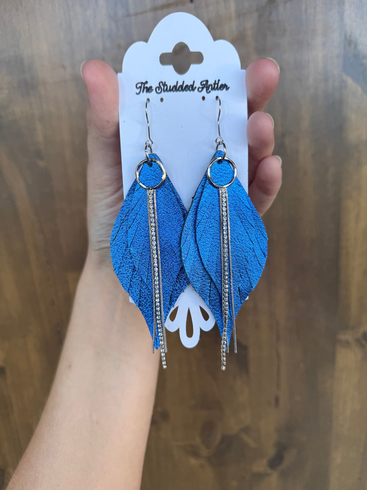 Royal blue metallic leather earrings - Handmade Hypoallergenic Leather Earrings with rhinestone tassel