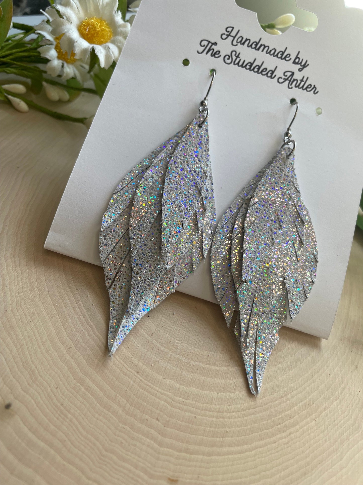 Fringe Feather Genuine Leather Earrings - White Sparkle