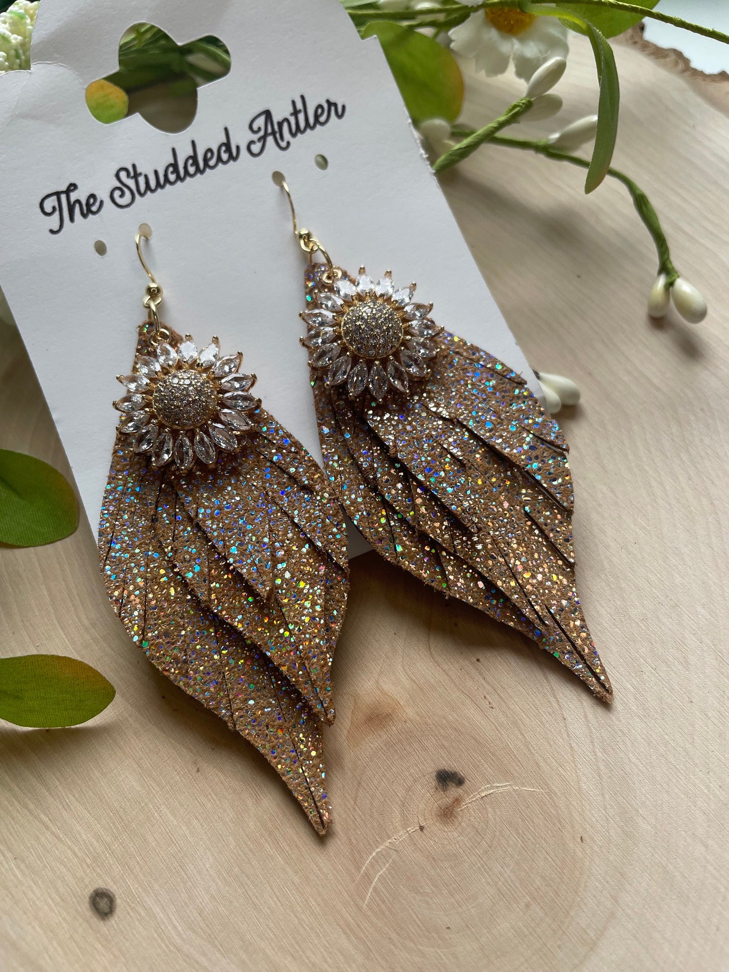 Women’s Western Style Leather Earrings - Fringe Feather Leather Earrings - Tan Sparkle