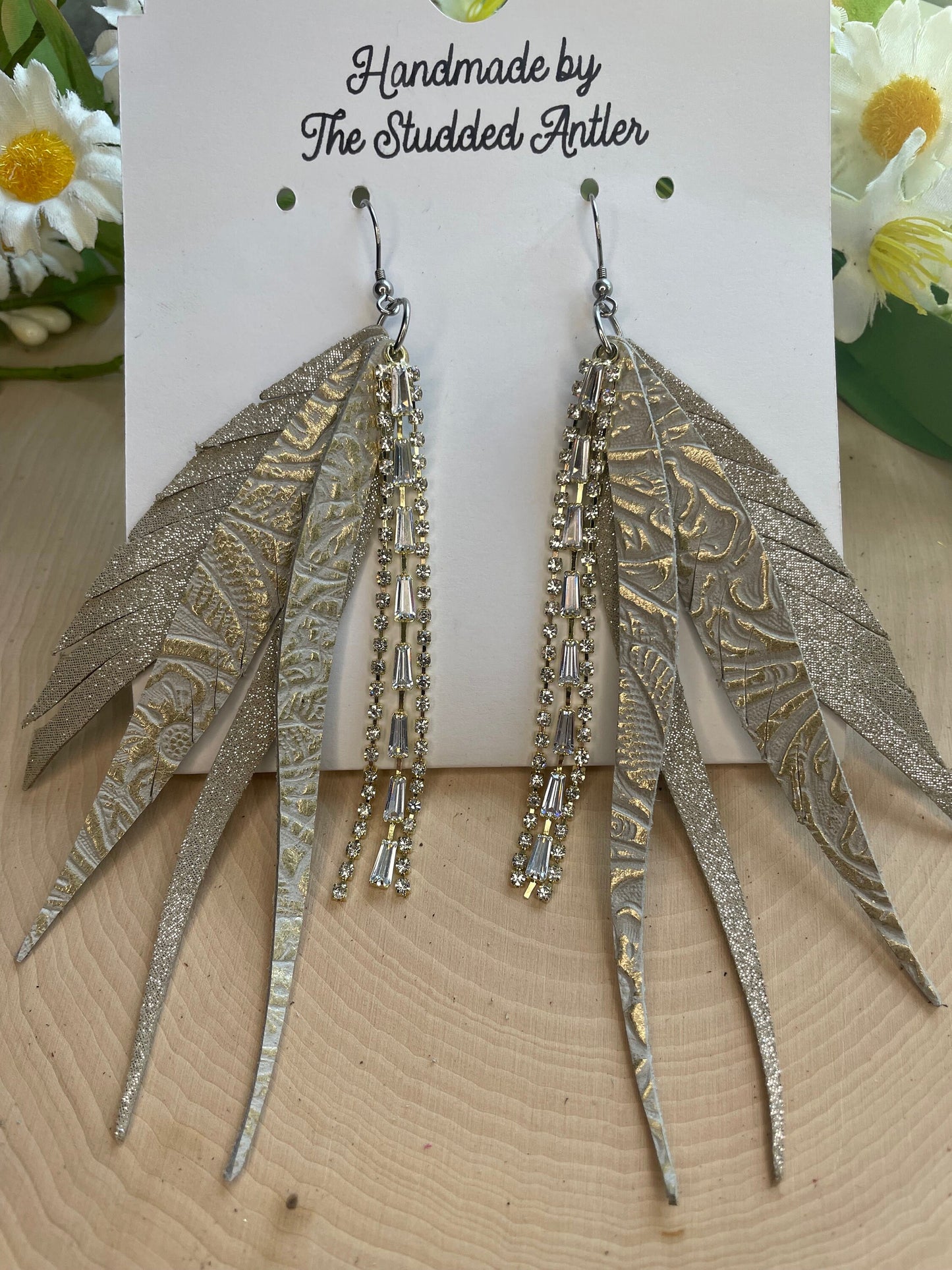 Fringe Feather Genuine Leather Earrings - Champagne and Gold