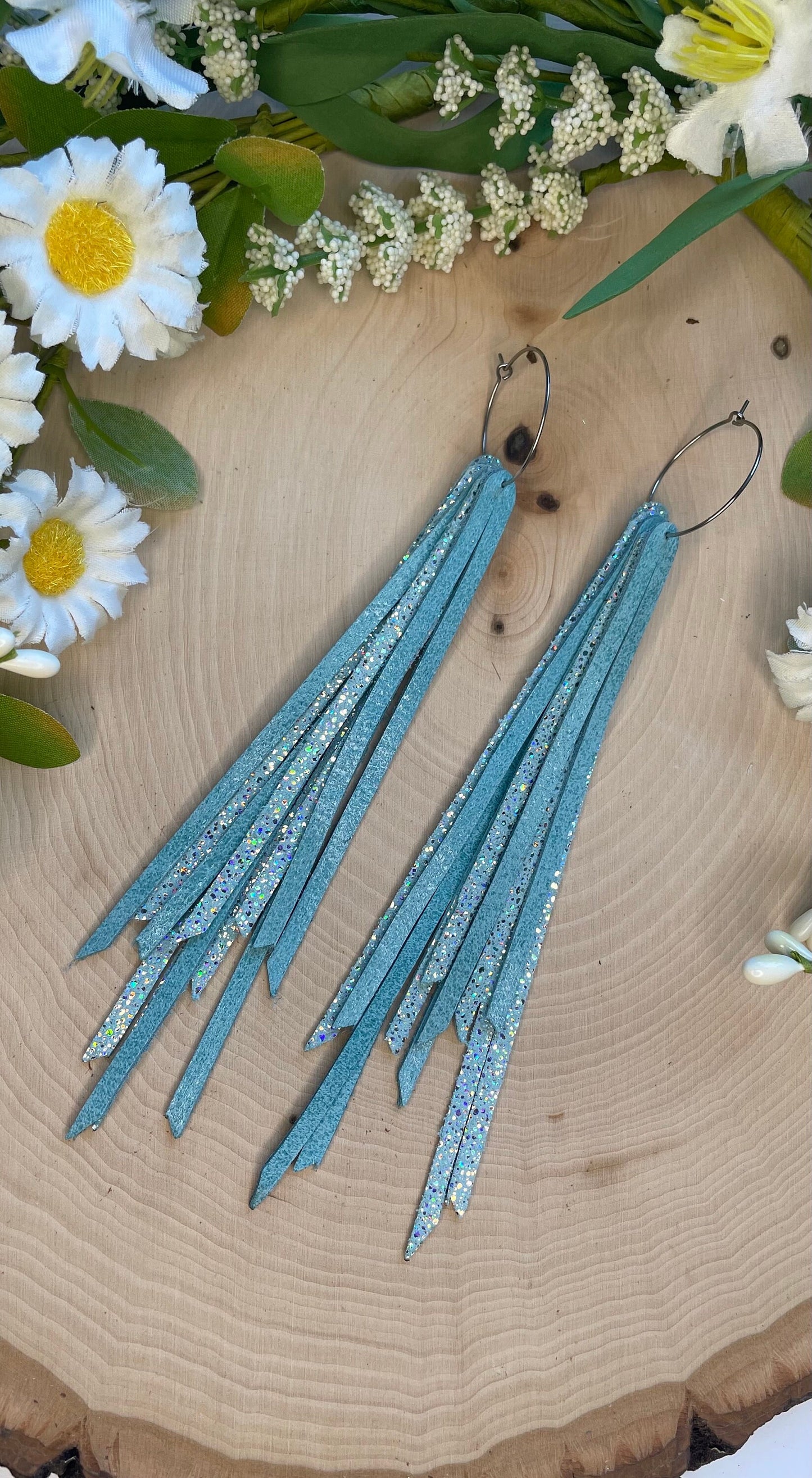 Fringe Genuine Leather Earrings - Light Blue Sparkle