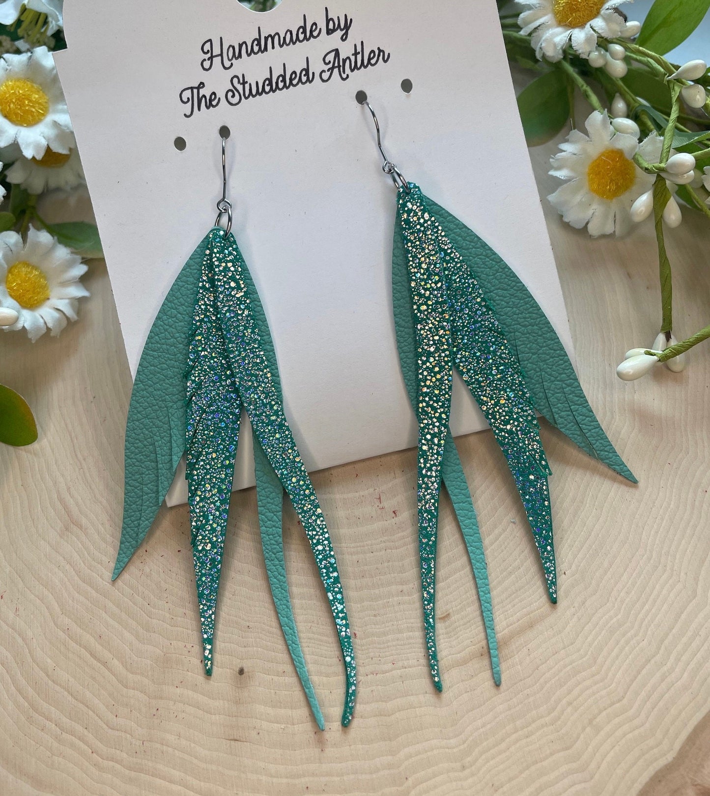 Emerald Green Teal Genuine Leather Fringe Feather Earrings