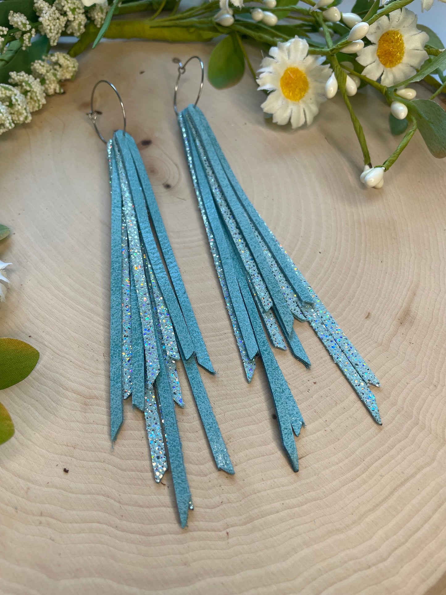 Fringe Genuine Leather Earrings - Light Blue Sparkle
