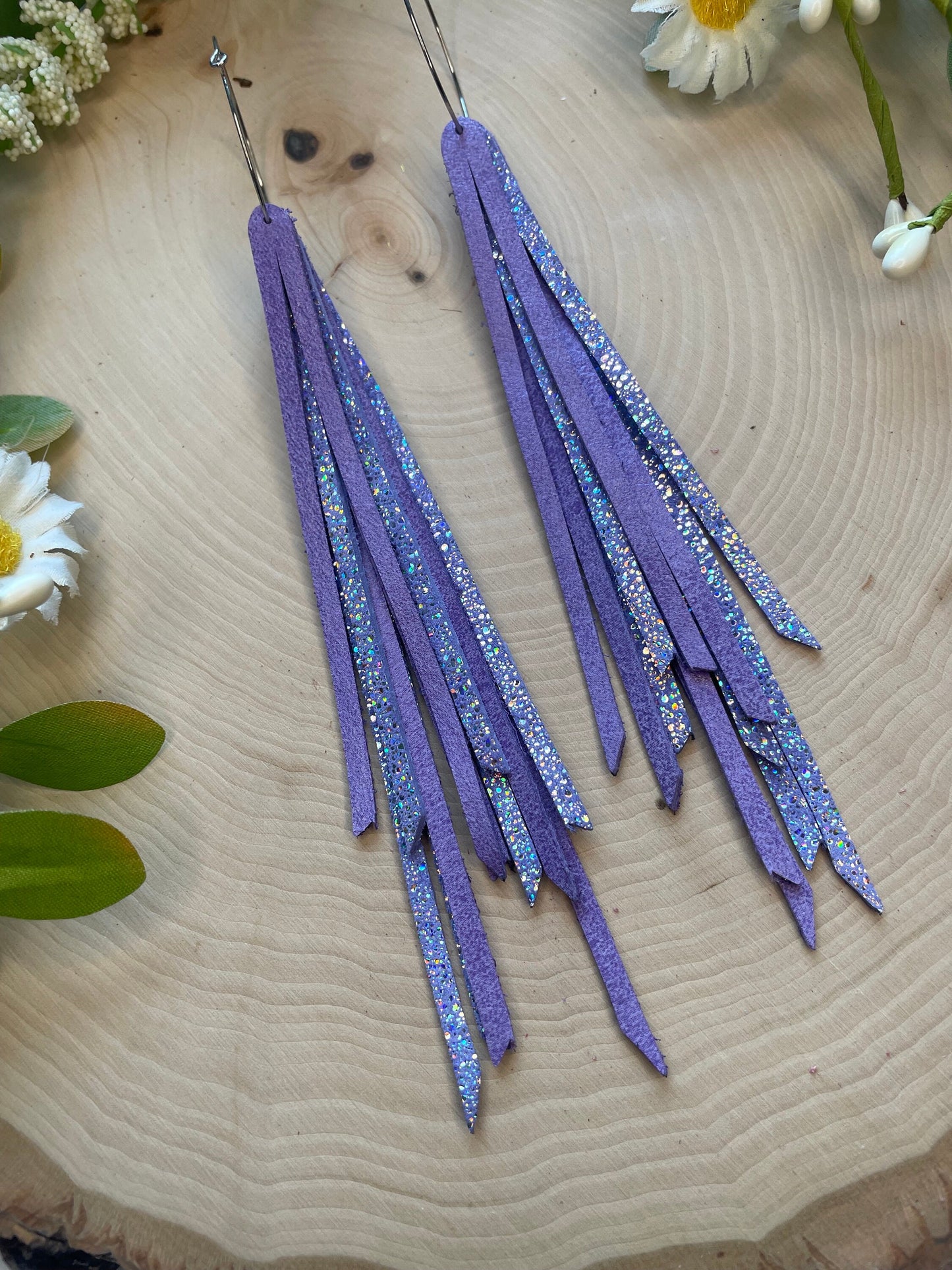 Fringe Genuine Leather Earrings - Purple Sparkle