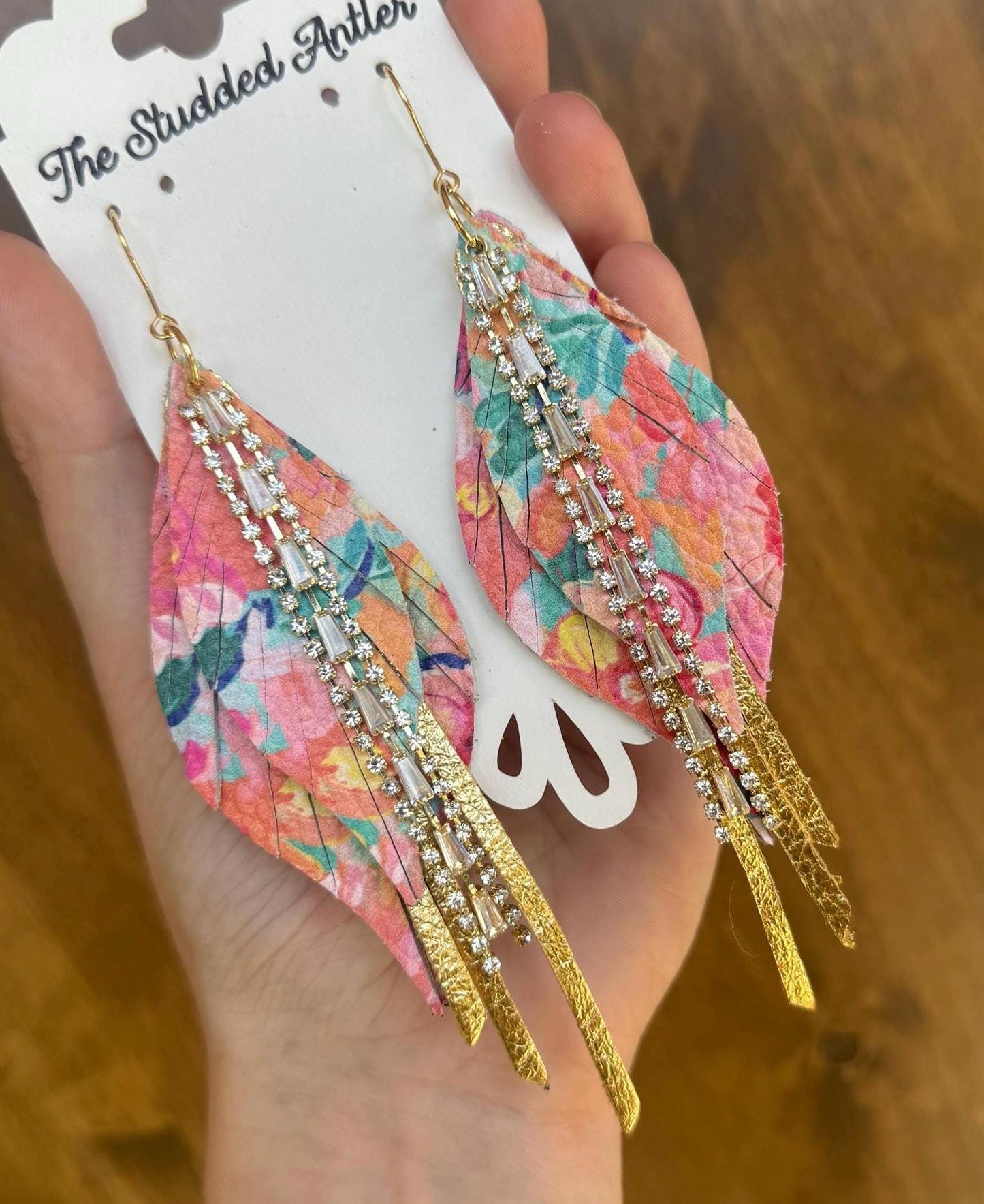 Fringe Feather Genuine Leather Earrings - Gold and Rainbow Floral