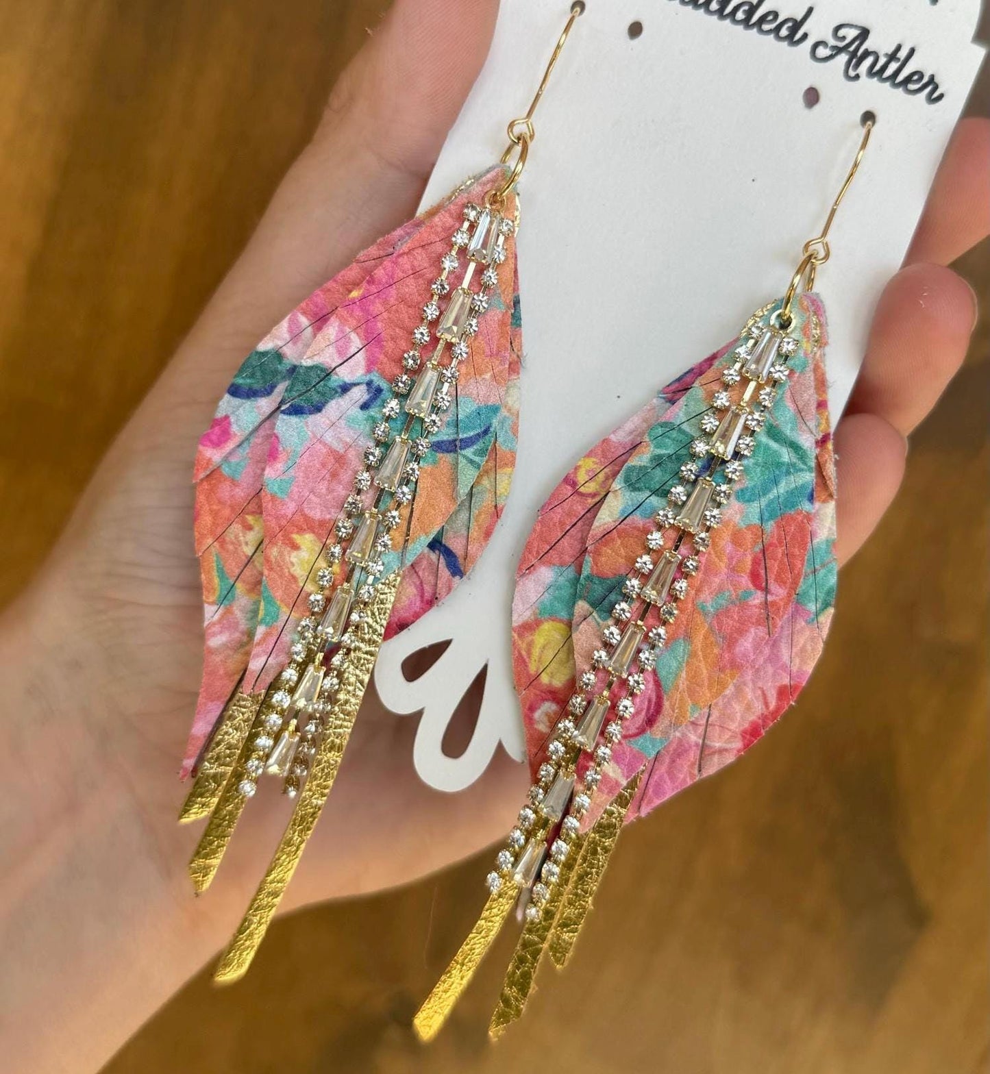 Fringe Feather Genuine Leather Earrings - Gold and Rainbow Floral