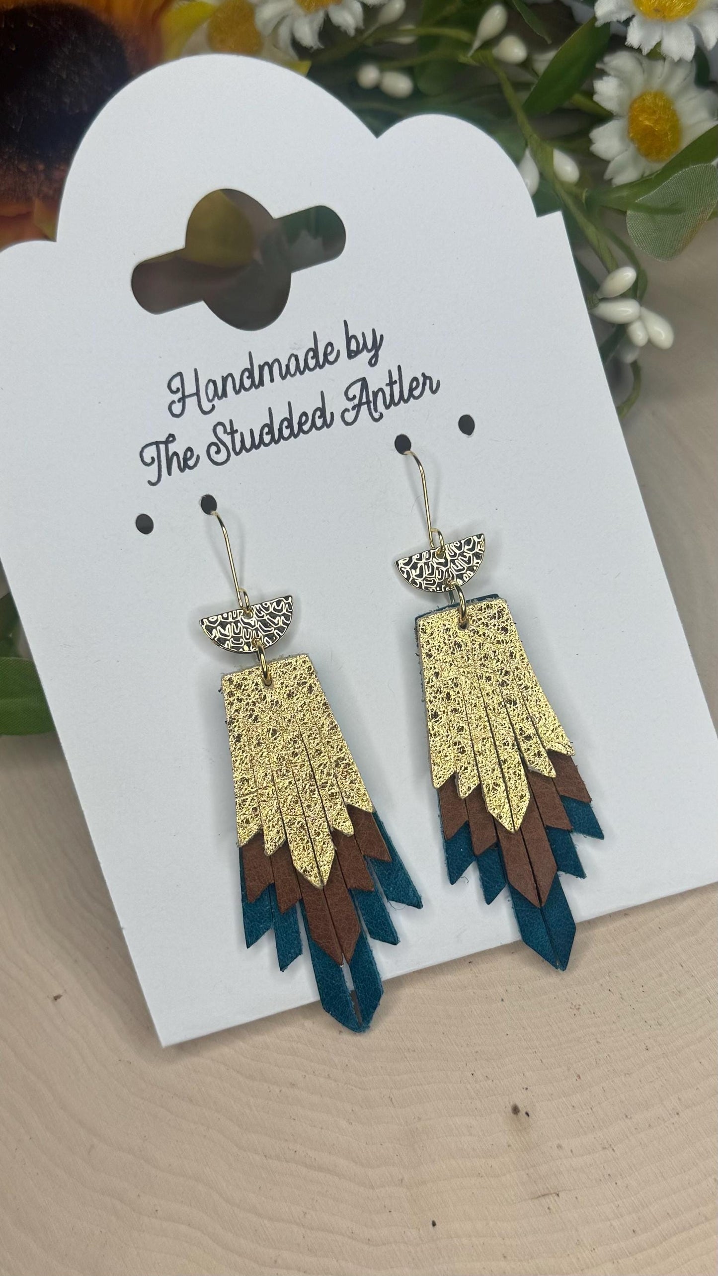 Fringe Feather Genuine Leather Earrings - Dark Teal, Gold and Brown