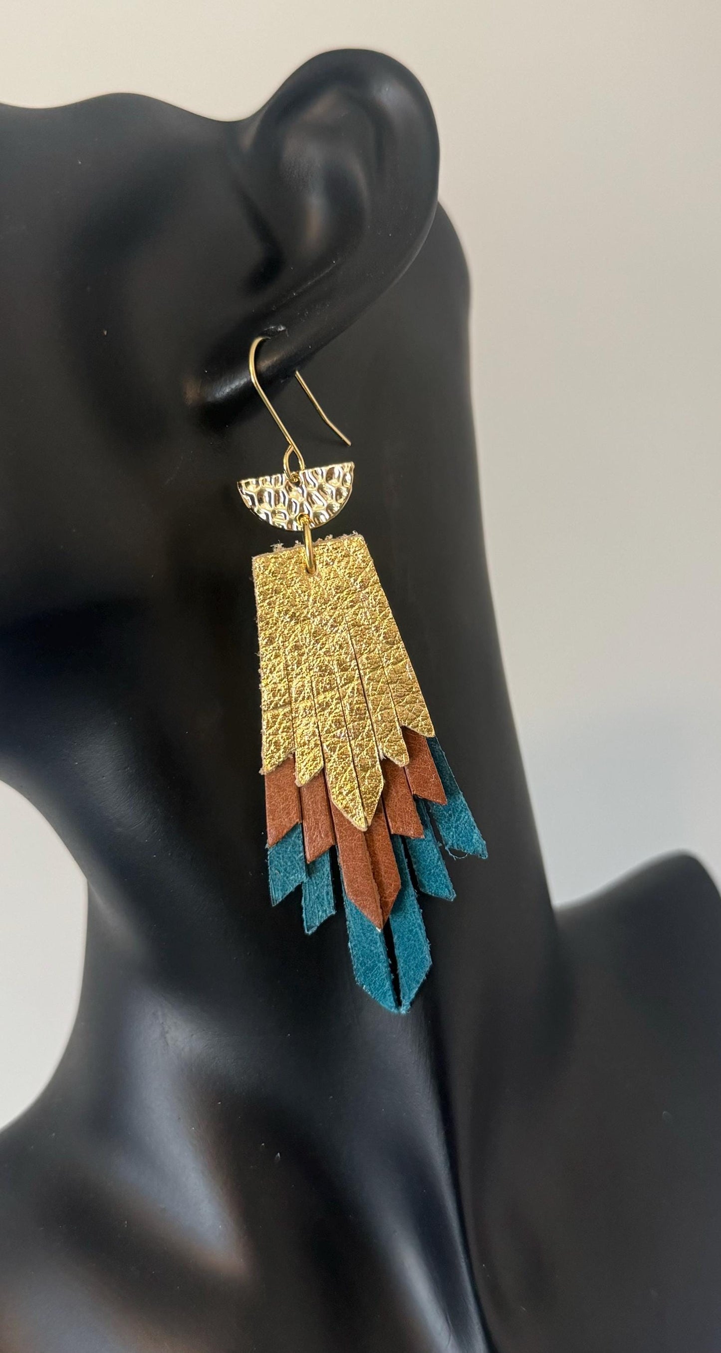 Fringe Feather Genuine Leather Earrings - Dark Teal, Gold and Brown