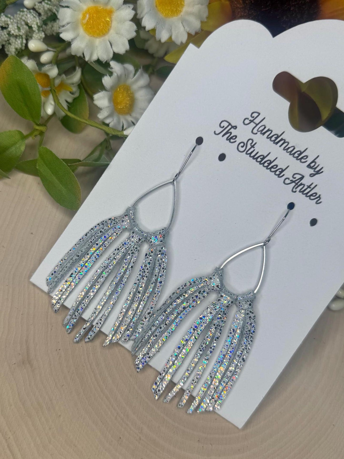 Fringe Hoop Genuine Leather Earrings - White Sparkle