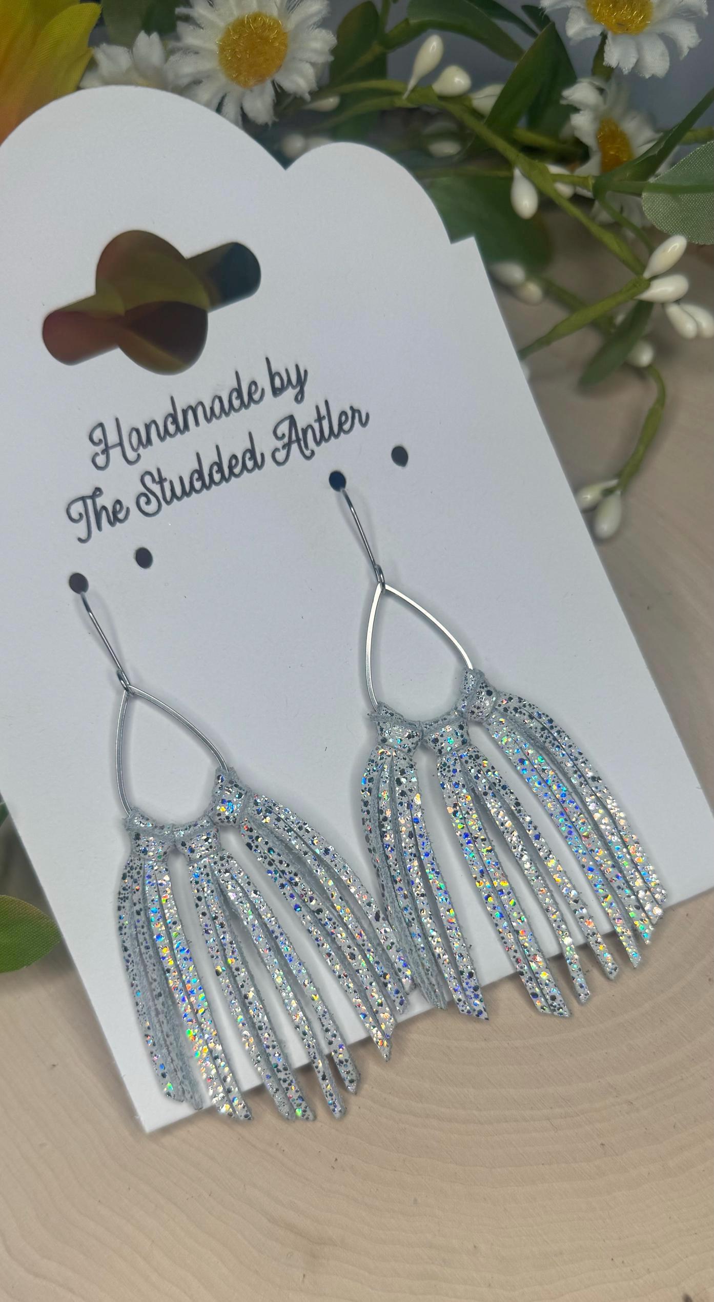 Fringe Hoop Genuine Leather Earrings - White Sparkle