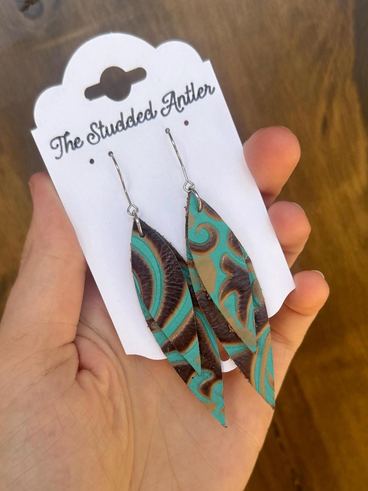 Western Style Leather Earrings - Small Dangle Leather Earrings - Teal and Brown Tooled