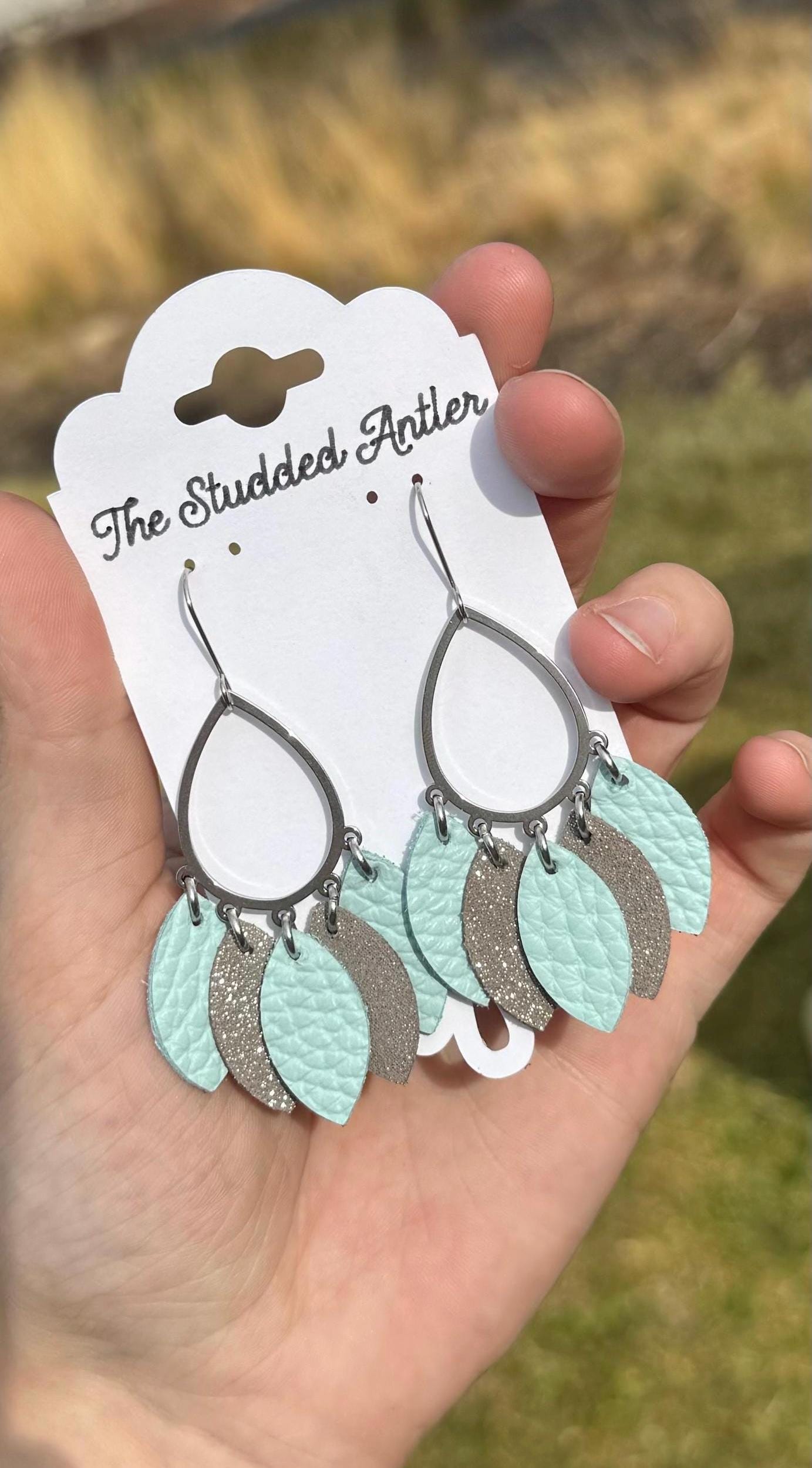 Teardrop Hoop Genuine Leather Earrings - Mint Blue and Taupe Shimmer