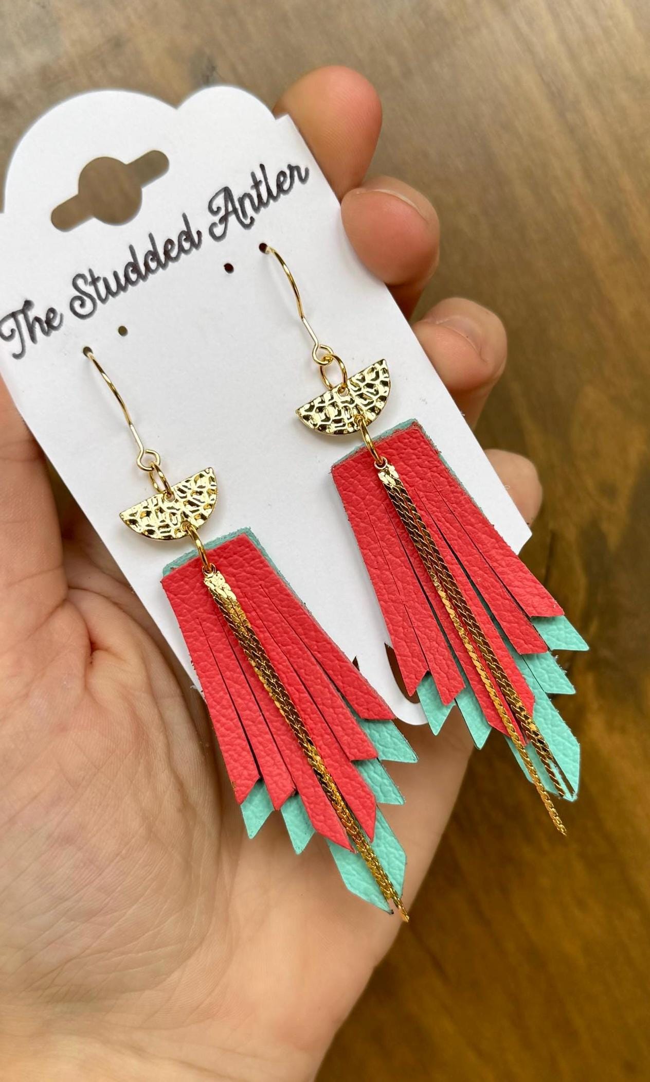 Western Style Leather Earrings - Fringe Feather Leather Earrings - Gold, Blue and Coral Pink