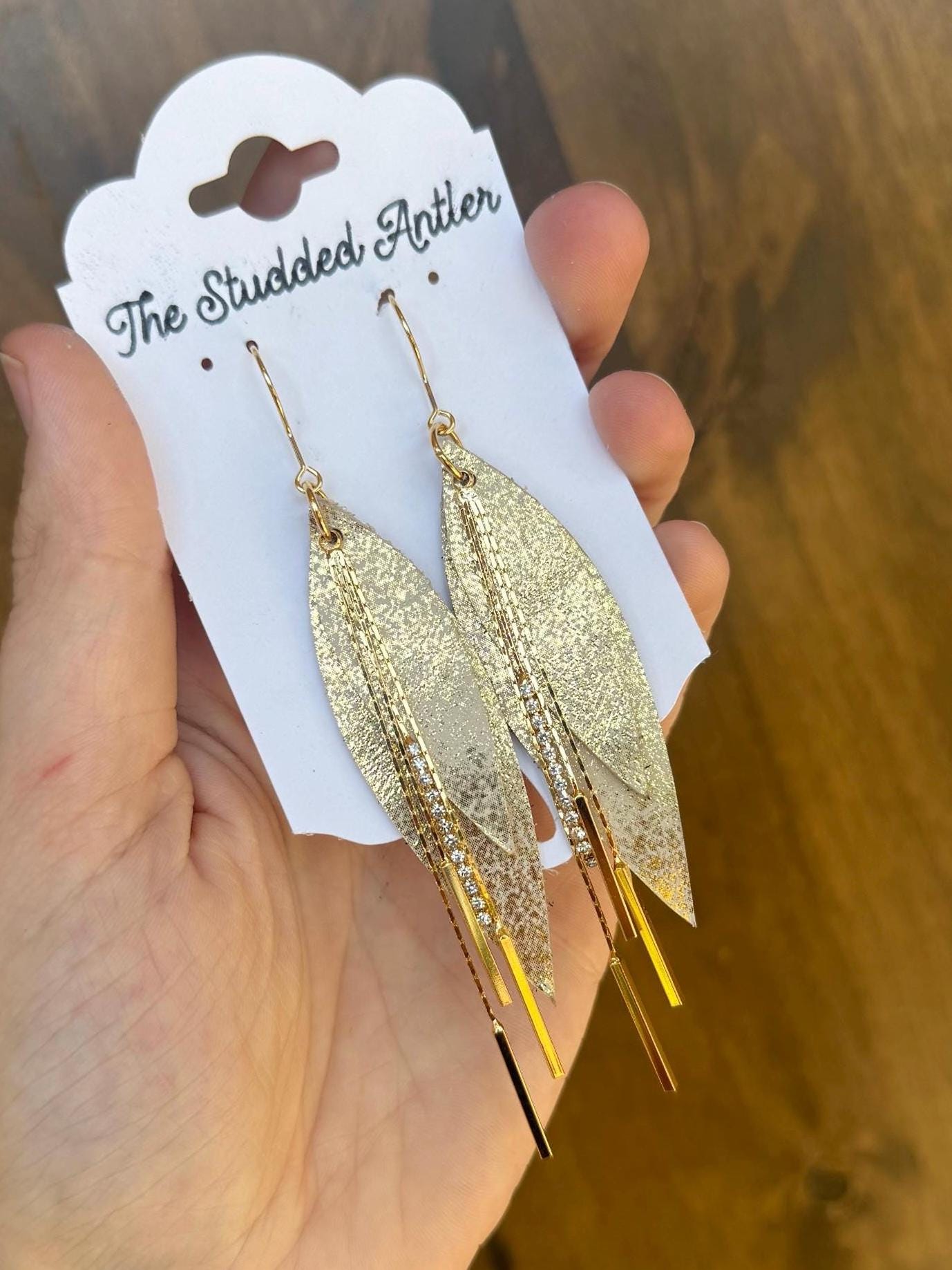 Women’s Western Style Leather Earrings - Small Teardrop Leather Earrings - Gold Shimmer