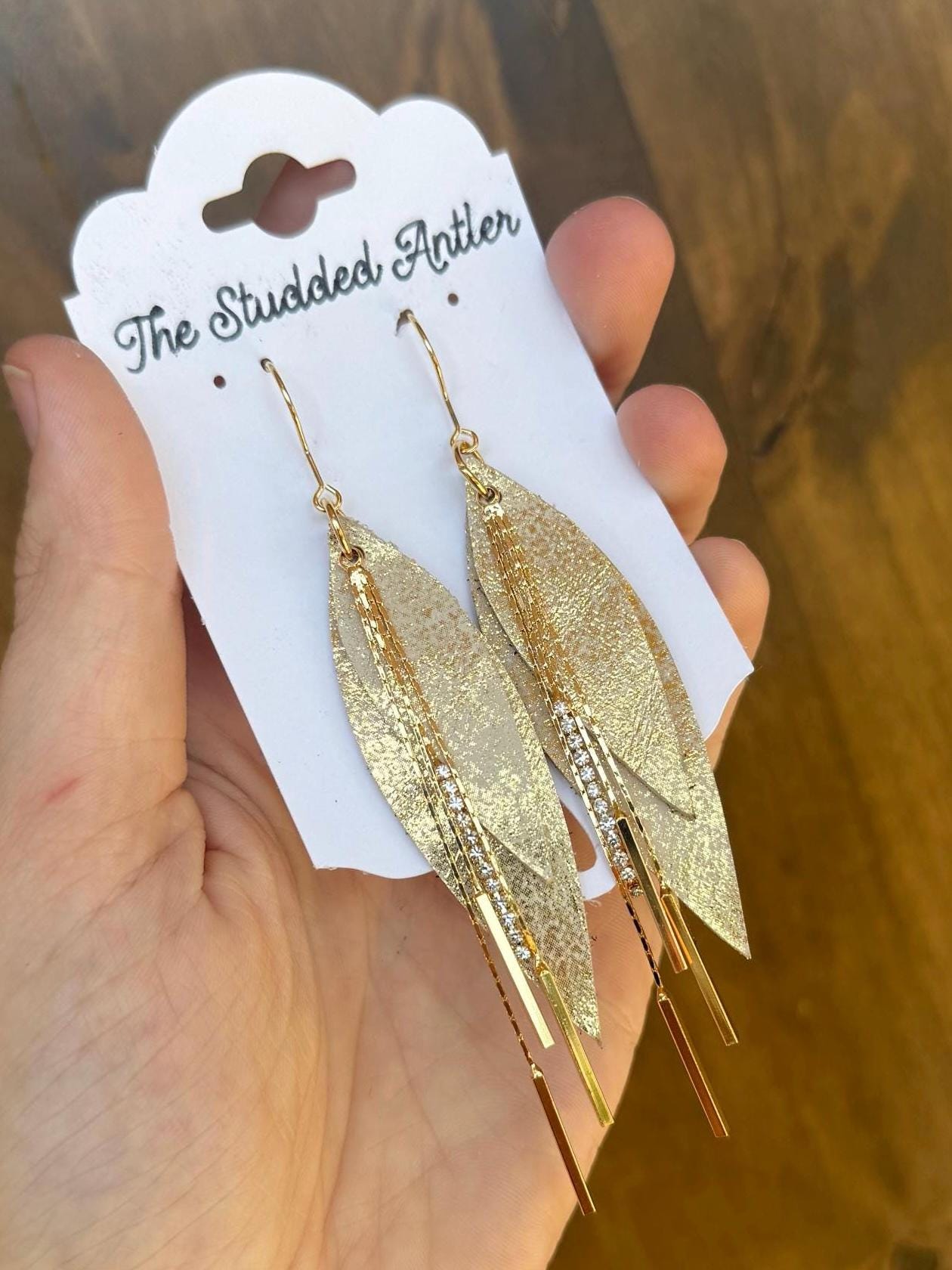 Women’s Western Style Leather Earrings - Small Teardrop Leather Earrings - Gold Shimmer