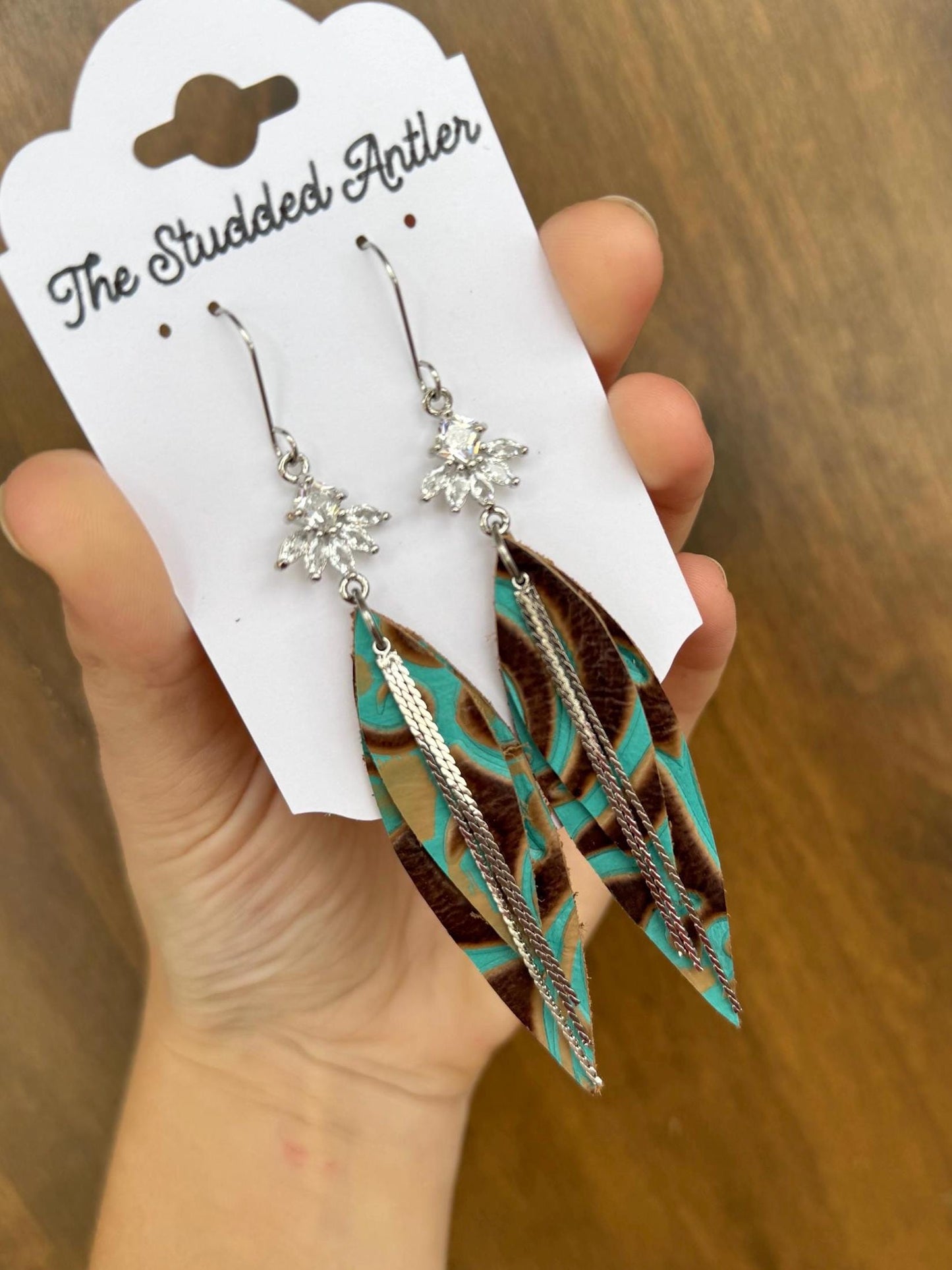 Women’s Western Style Leather Earrings - Small Dangle Leather Earrings - Teal, Brown and Silver