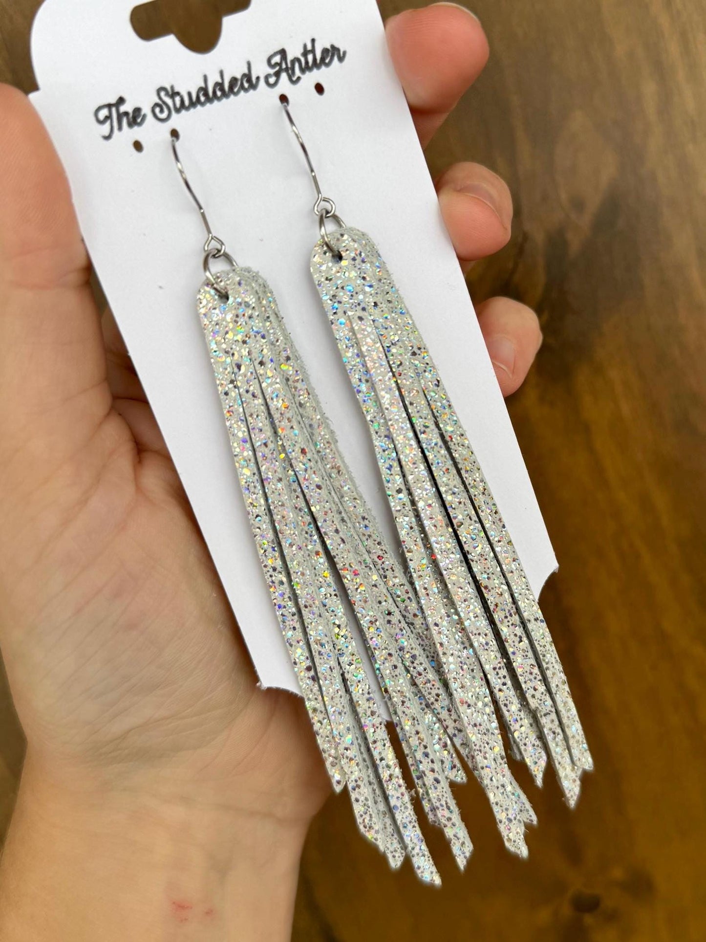 Fringe Genuine Leather Earrings - White Sparkle