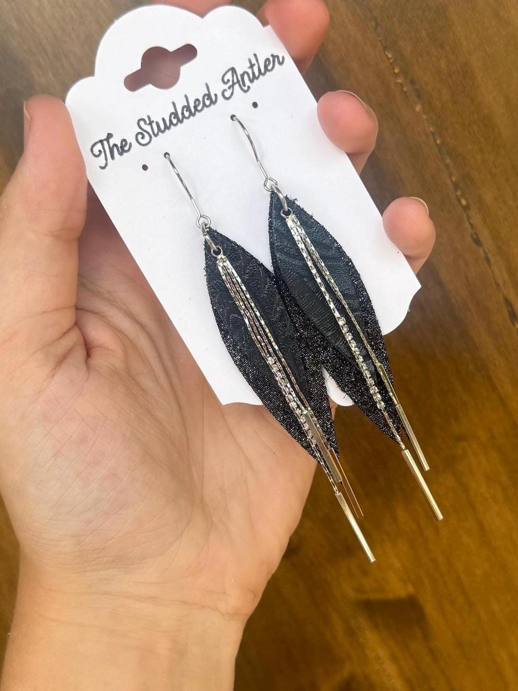 Western Style Leather Earrings - Layered Teardrop Leather Earrings - Black and Silver