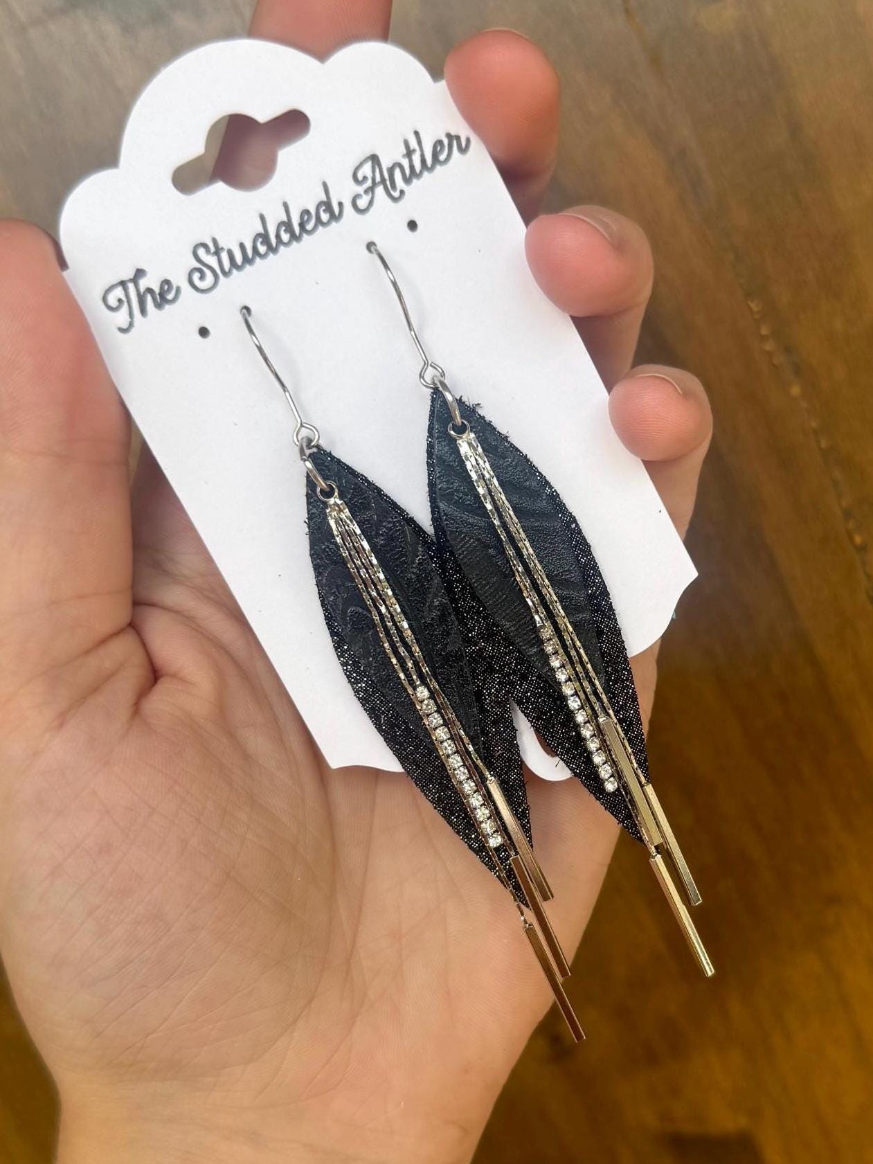 Western Style Leather Earrings - Layered Teardrop Leather Earrings - Black and Silver