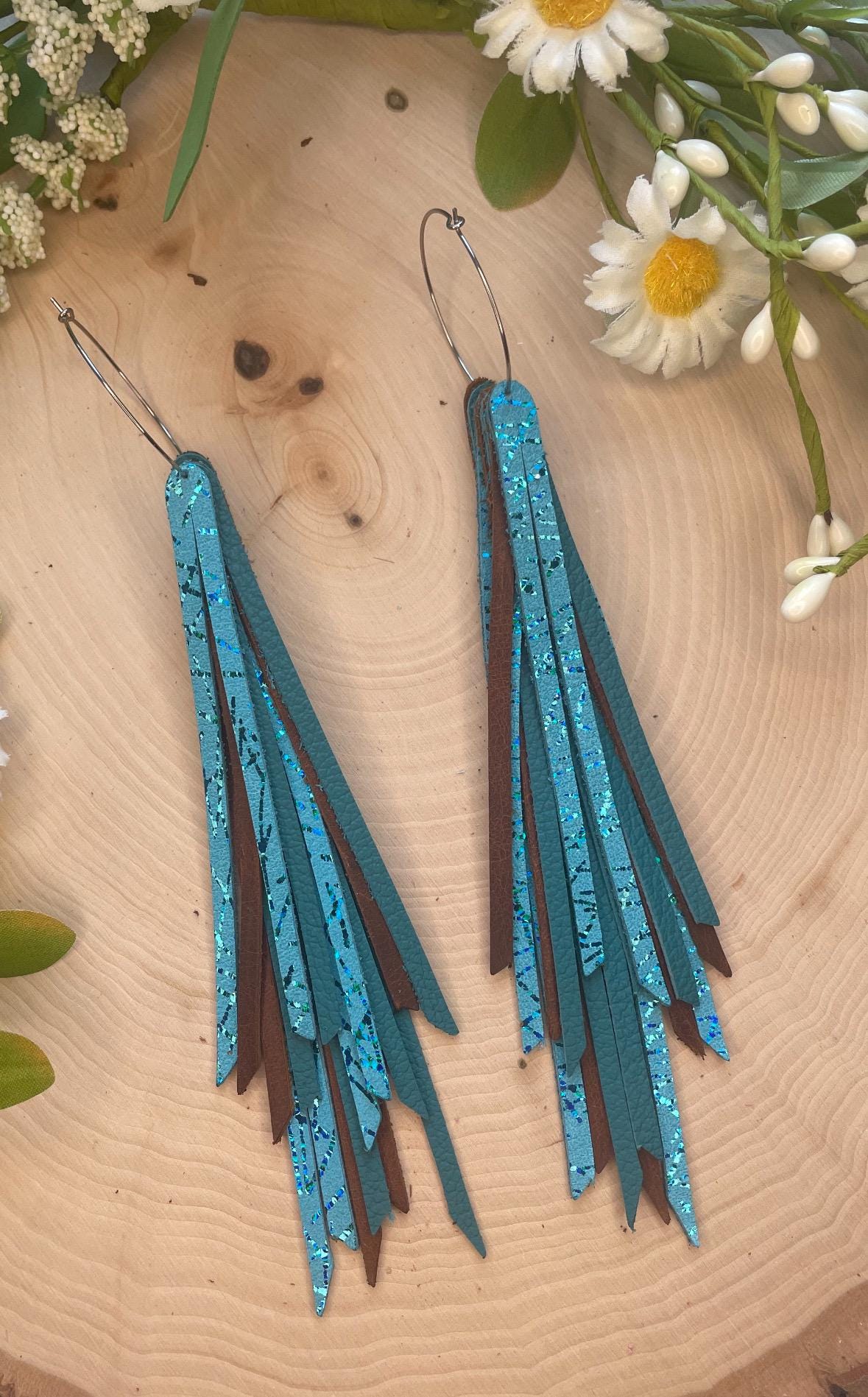 Fringe leather earrings - Layered leather earrings - Blue and Brown