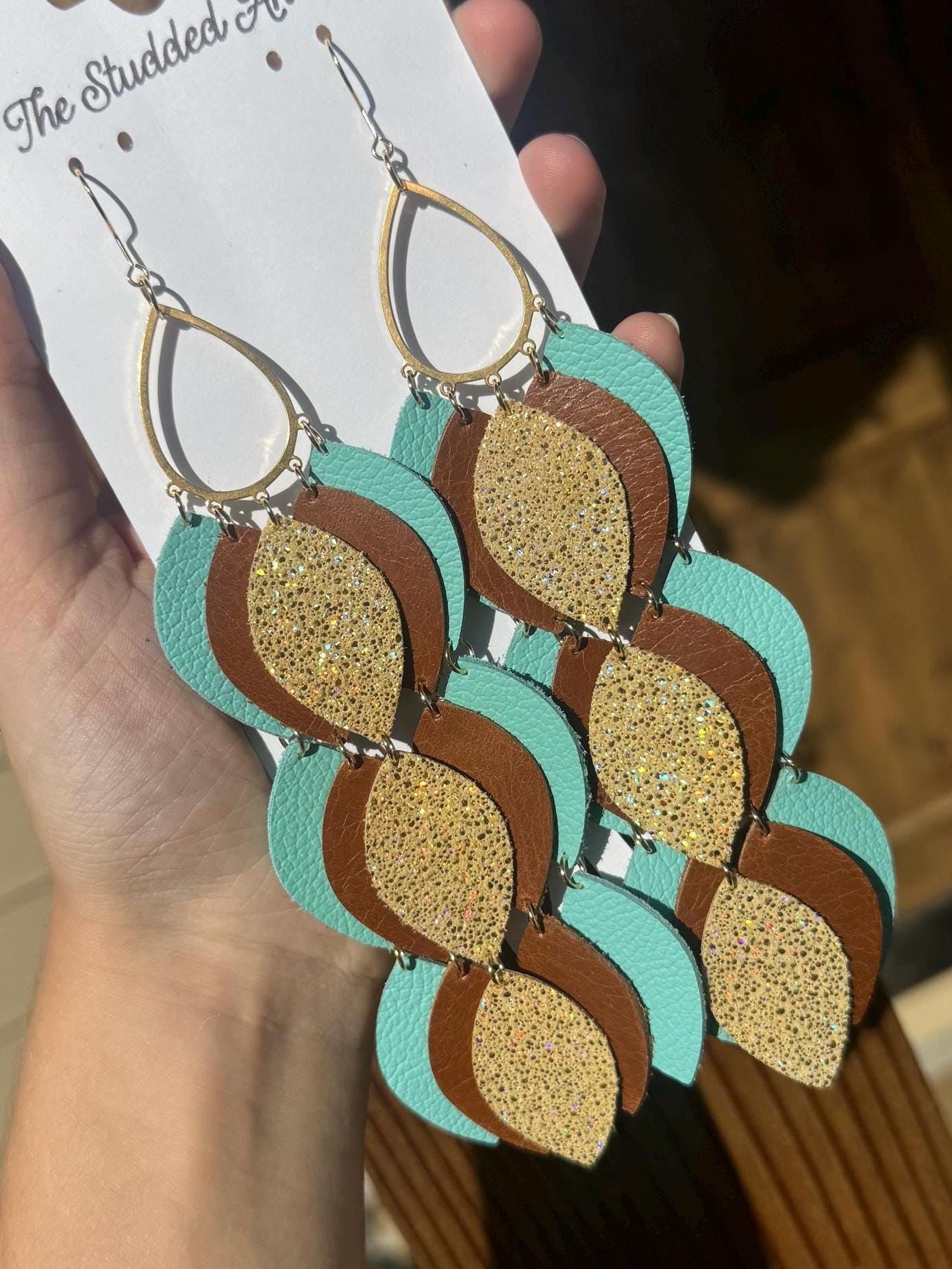 Layered teardrop leather earrings - women’s dangle leather earrings Aqua Blue, Yellow and Brown
