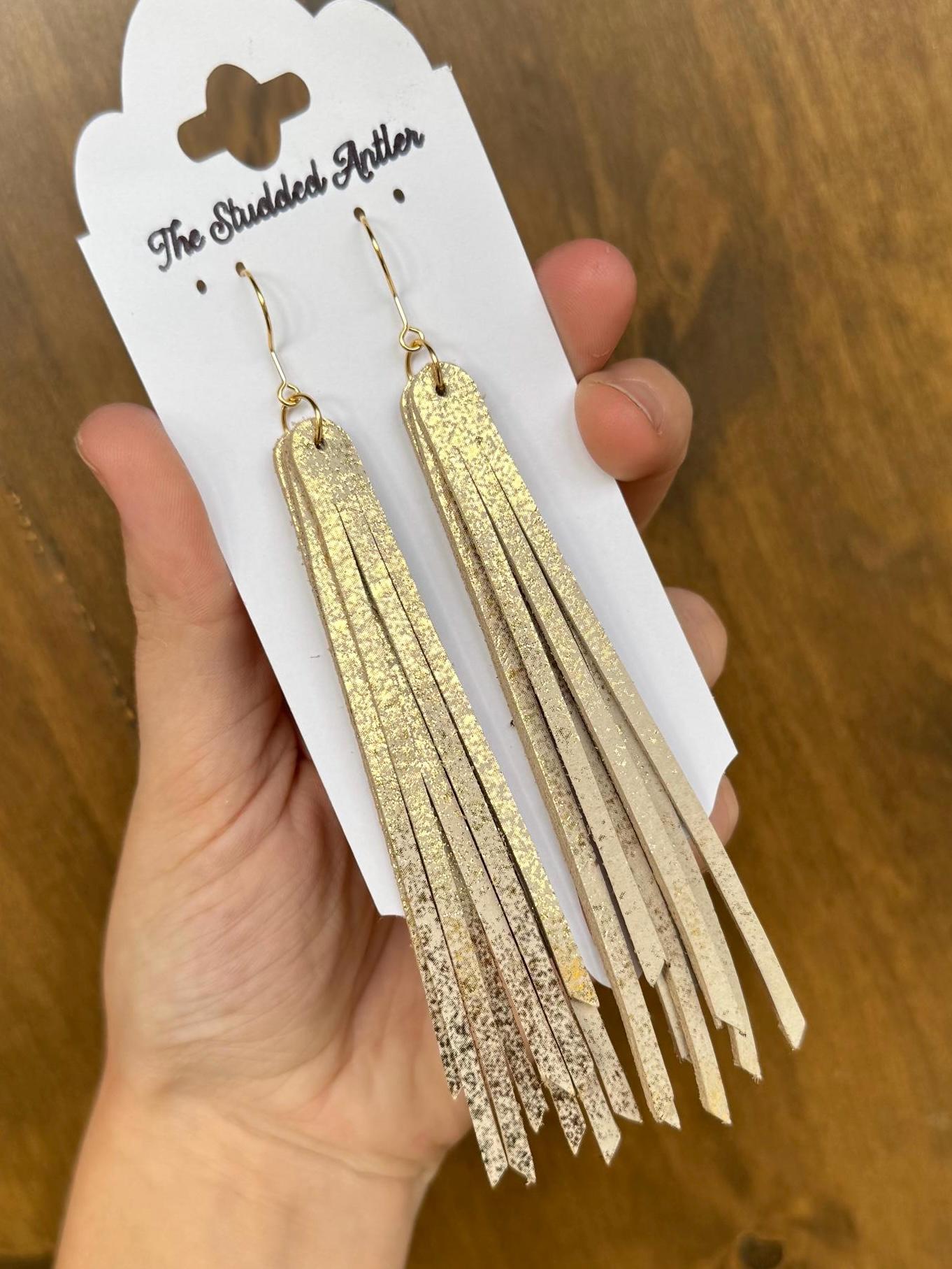 Fringe Genuine Leather Earrings - Gold Shimmer