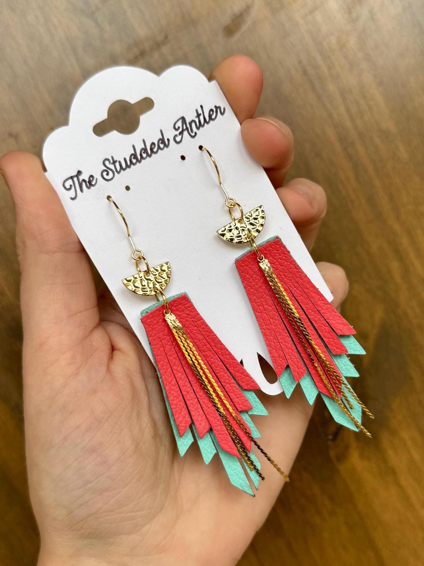 Western Style Leather Earrings - Fringe Feather Leather Earrings - Gold, Blue and Coral Pink