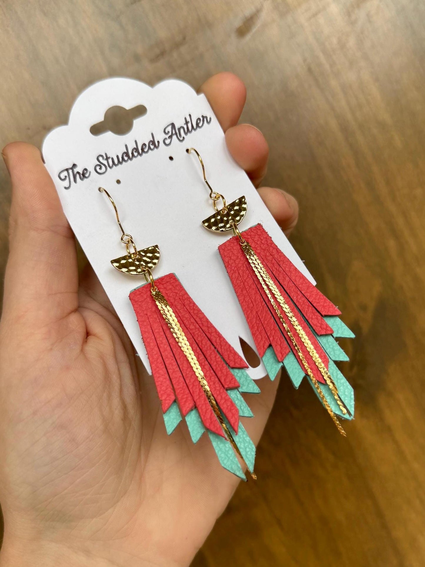 Western Style Leather Earrings - Fringe Feather Leather Earrings - Gold, Blue and Coral Pink