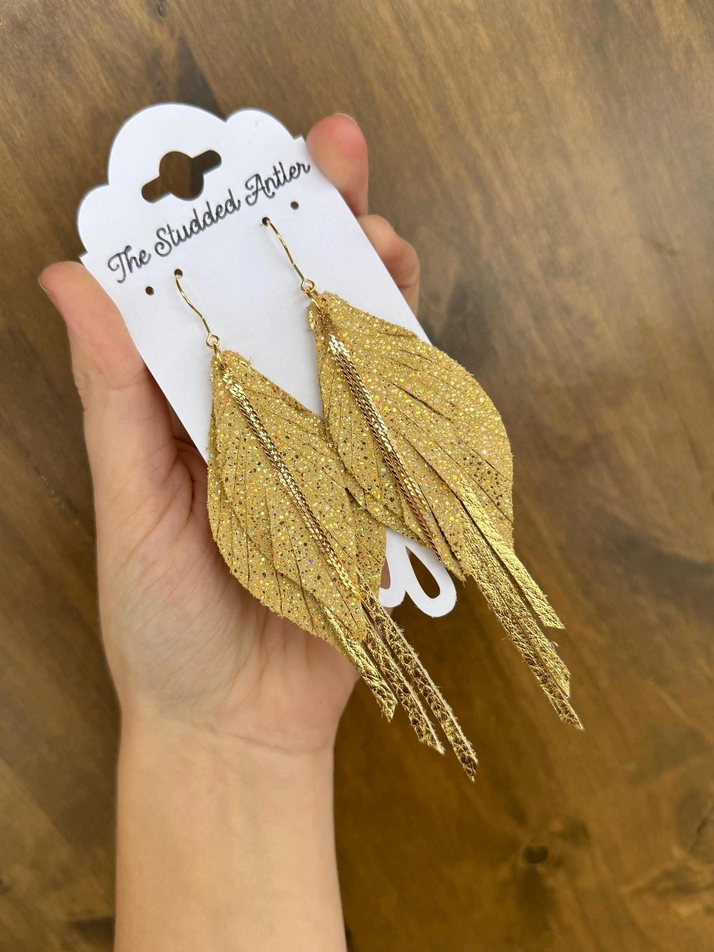 Fringe Feather Genuine Leather Earrings - Yellow and Gold Sparkle