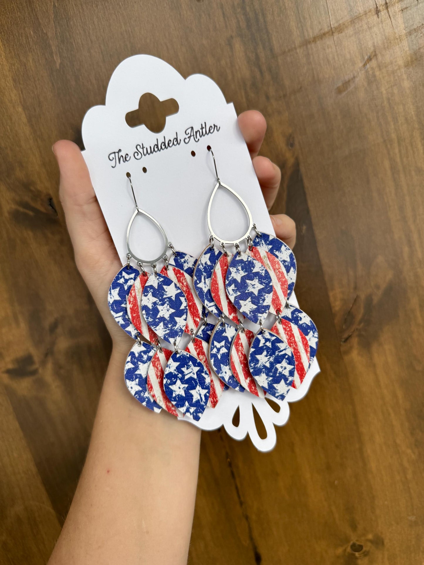 Teardrop Hoop Genuine Leather Earrings - Red, White and Blue Stars and Stripes