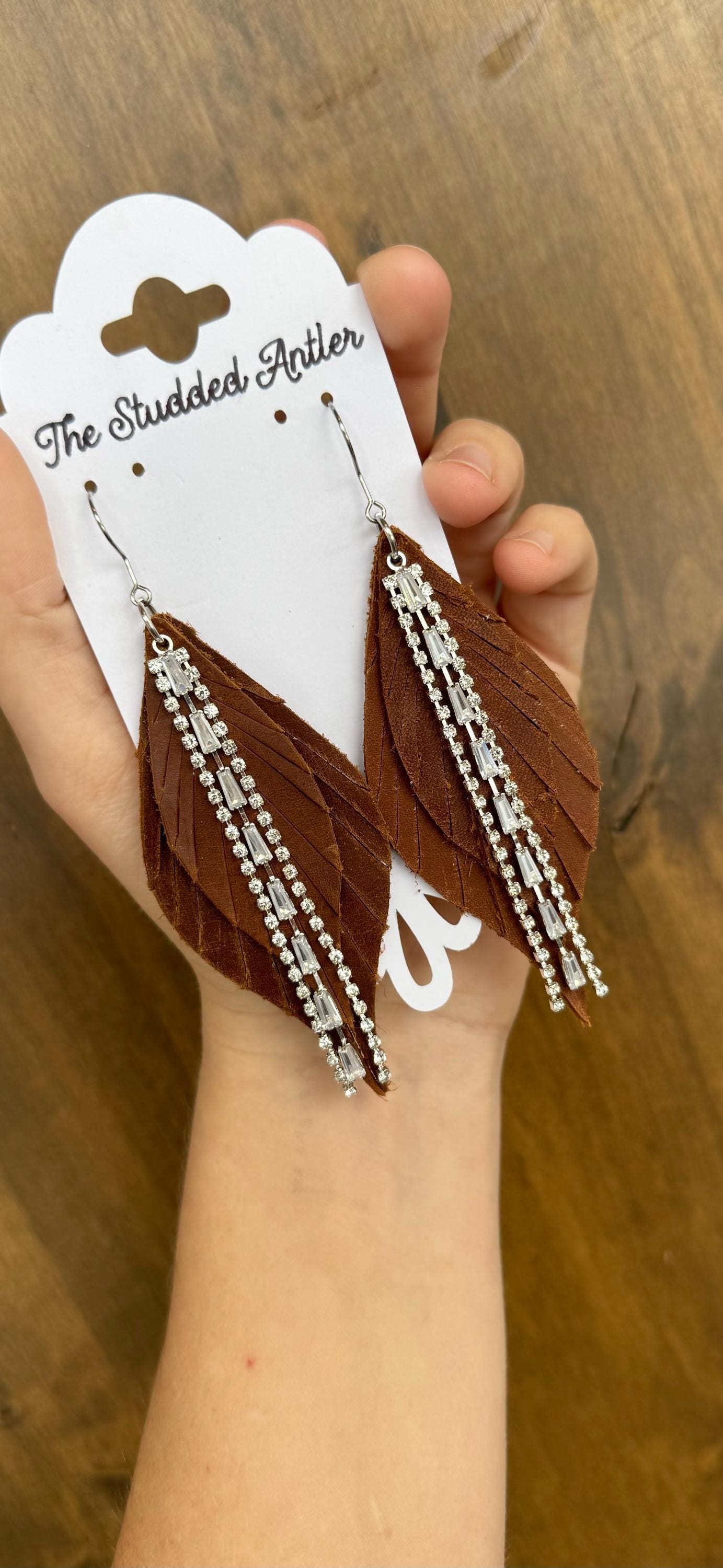 Fringe Feather Genuine Leather Earrings - Brown and Silver