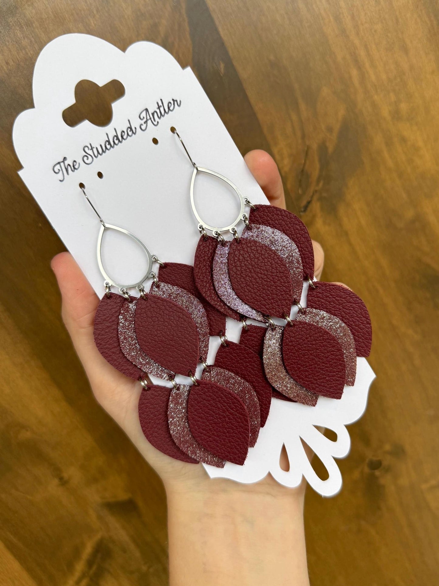 Boho style leather earrings - Teardrop Hoop Leather Earrings - Red Burgundy Shimmer